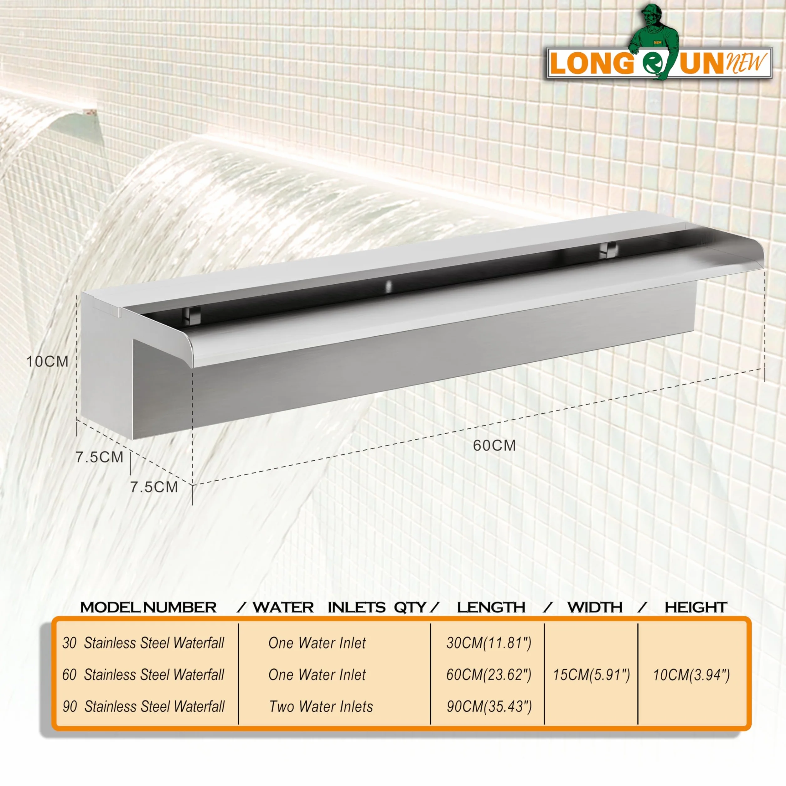 Kit de lames de cascade pour étang 60 cm acier inoxydable largeur bec 15 cm décoration bassin