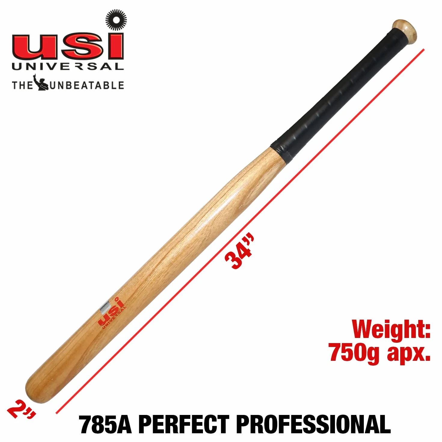 USI UNIVERSAL THE UNBEATABLE Batte de baseball 785A Perfect Professional Basebat, batte de base en bois blanchi, bois de mûrier blanchi (longueur 86,4 cm, poids 750 g)