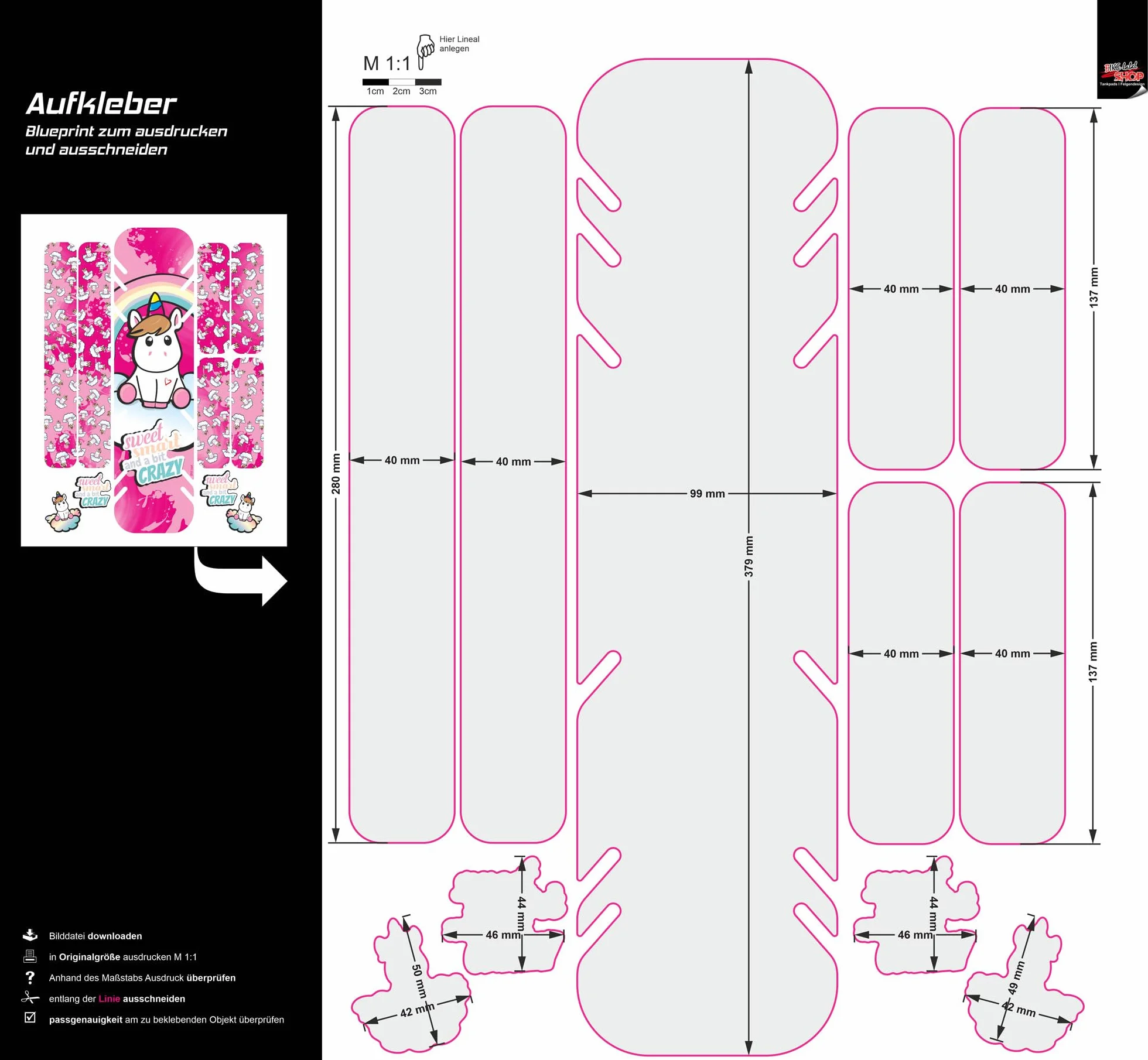 BIKE-label X400136VA Lot d'autocollants pour vélo électrique Motif licorne Rose Taille XL