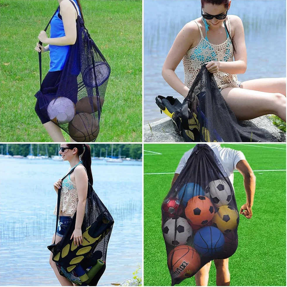 Helweet Sac de Ballon en Filet, Sac à Ballons de Foot, Sacs de Rangement pour Football, pour Basket-Ball Football Volley-Ball, Tennis, Rangement des Équipements de Sport Plage, 72 X 100 cm, Noir