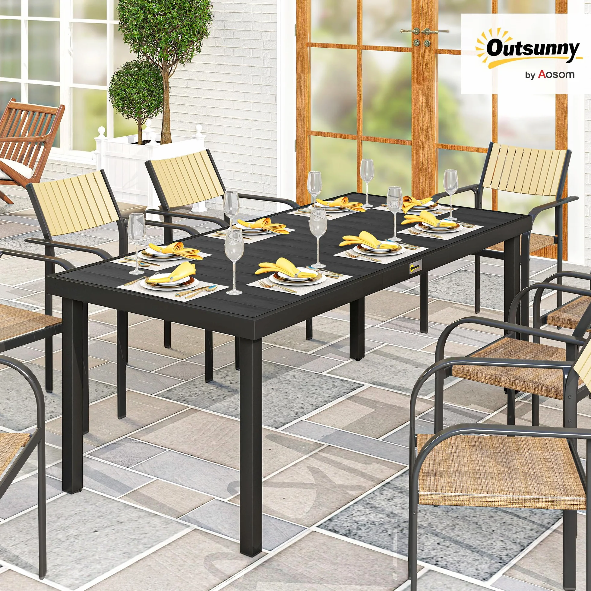 Outsunny Table à Manger de Jardin pour 8 Personnes, Aluminium, 190 x 90 x 74 cm, Noir