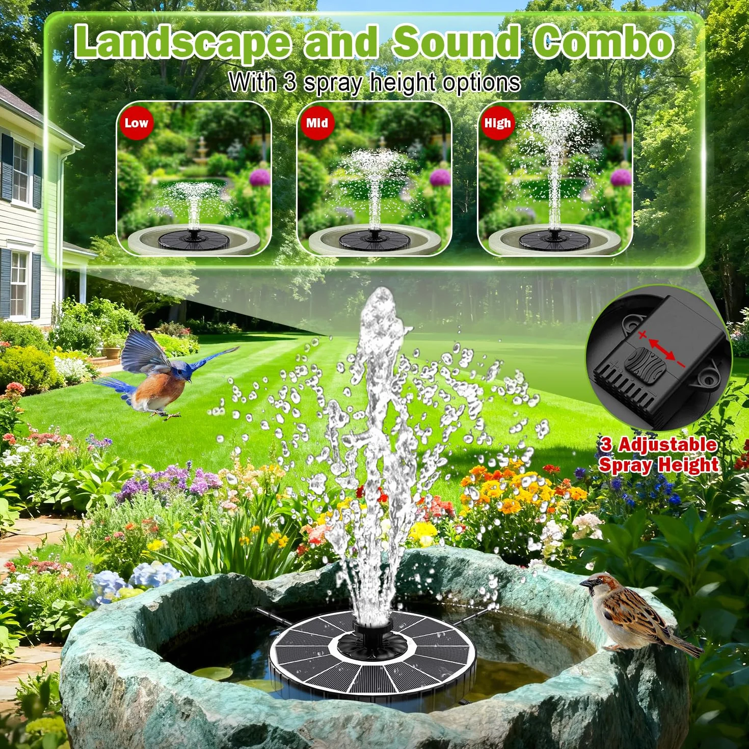 Fontaine Solaire Extérieure Flottante 3.5W Pompe Bassin Jardin 3 Hauteurs Jet 8 Buses 4 Tiges Rotative