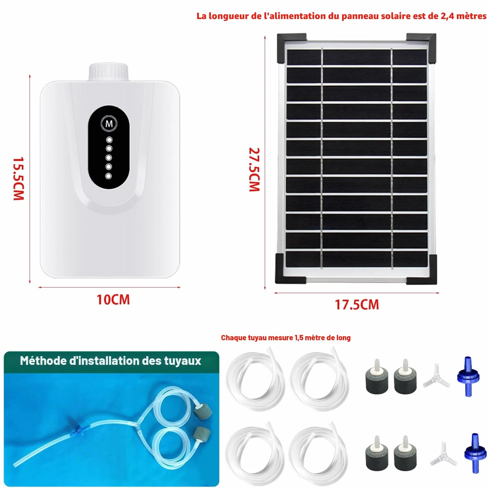 Pompe à air solaire 6 W avec batterie 6000 mAh, aérateur de bassin USB et solaire