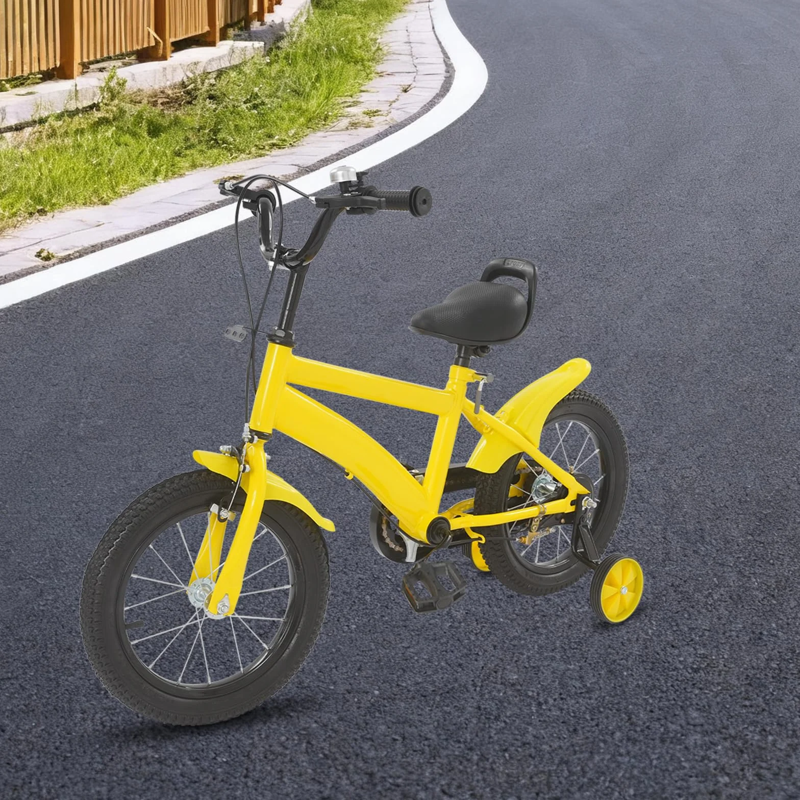 Vélo pour enfant 14 pouces, avec stabilisateurs, vélo pour garçon et fille, guidon et selle réglables en hauteur, cadre léger en acier au carbone, double système de freinage, garde-boue