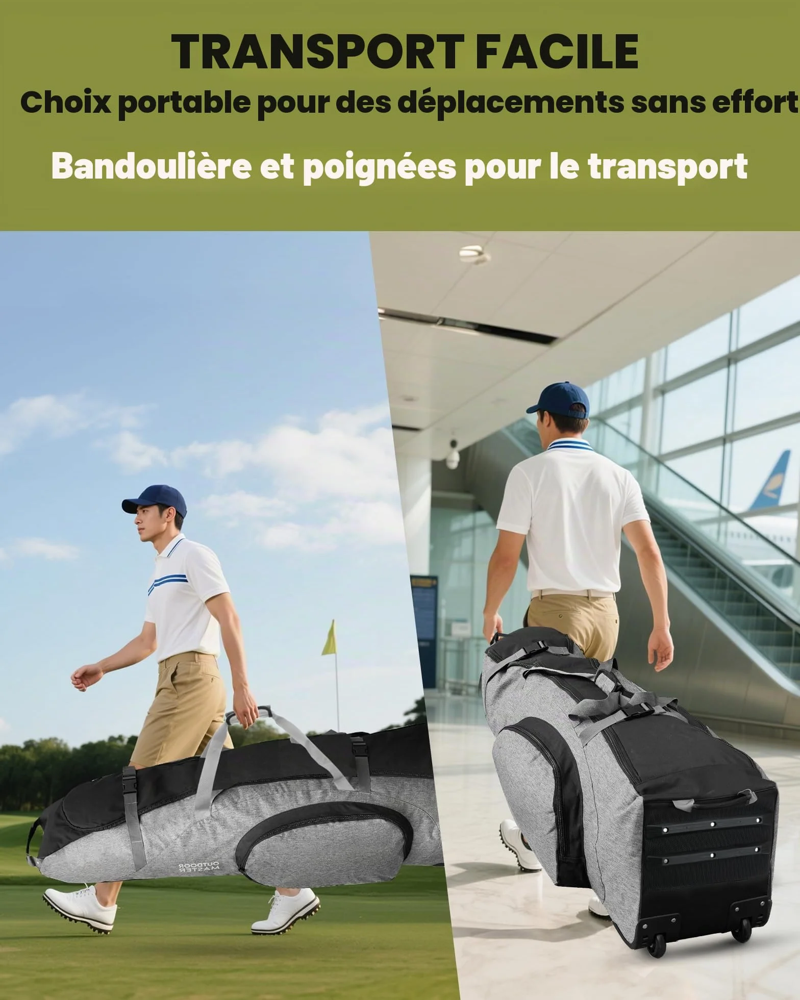 OutdoorMaster Sac de Voyage rembourré avec Roues renforcées, Oxford 900D Robuste résistant à l'usure et imperméable, Sac de Voyage pour Club de Golf à côtés Souples, Compartiment pour Chaussures et