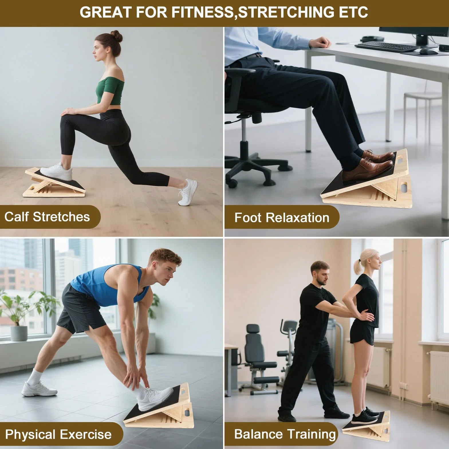 FoiiLiio Planche D'équilibre en Bois,Réglable Slant Board De Remise avec 5 Angles D'inclinaison,Antidérapante Pliable,Pour Étirez les Muscles de vos Jambes et Entraînement à l'équilibre