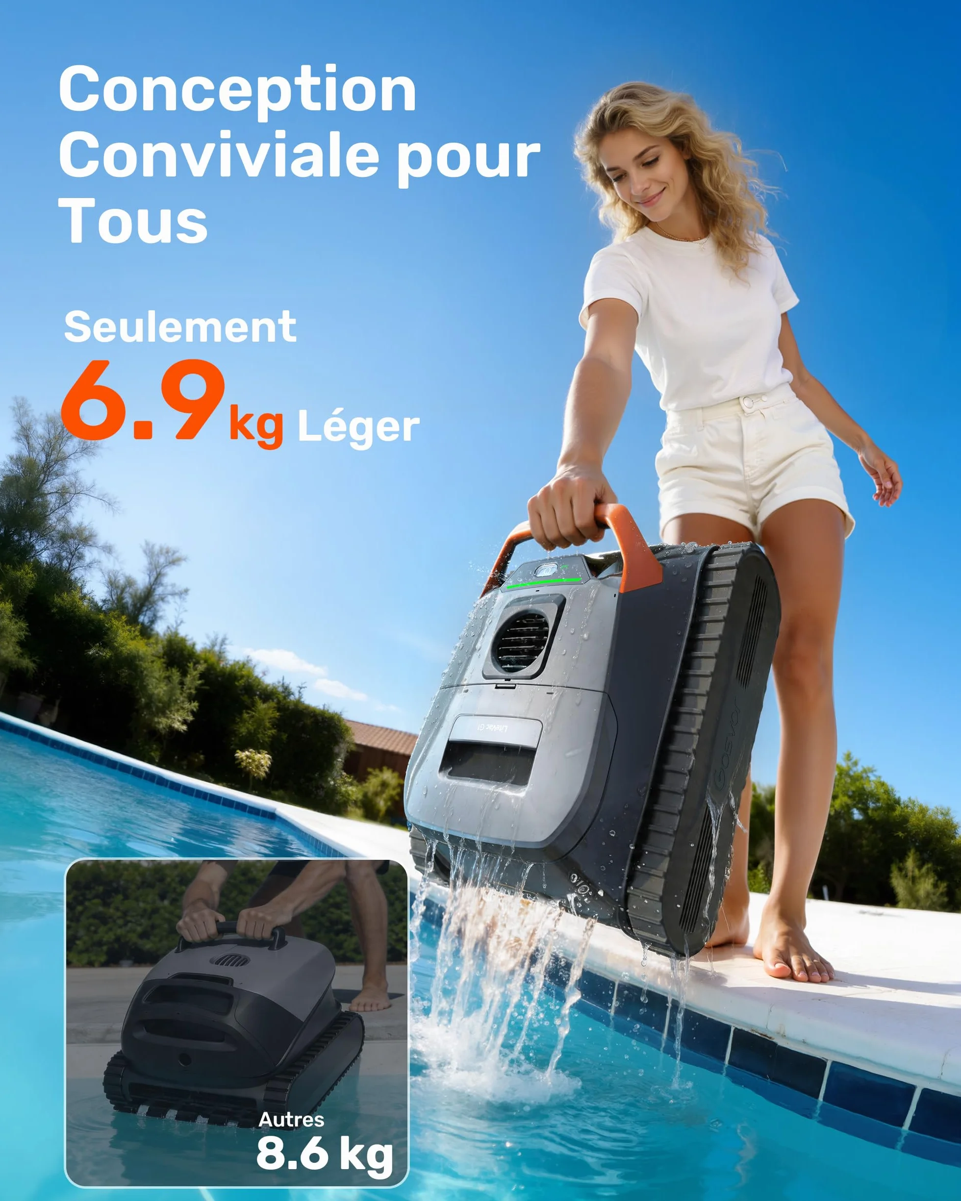 Gosvor LiteVac G1 Robot Piscine Fond et Parois, 6,9 kg Ultra Léger, 200 Min Autonomie, Double Filtration, Navigation Intelligente, App, 200 m² Orange