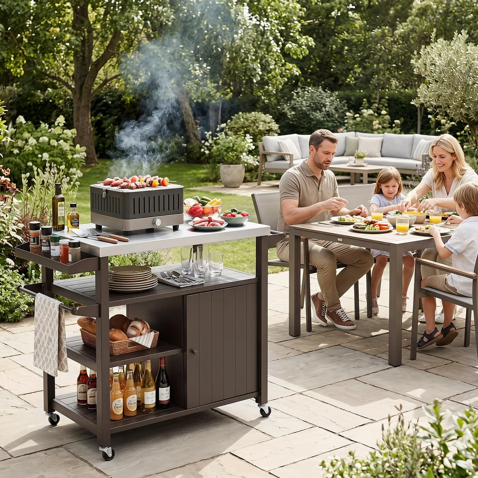 COSTWAY Chariot de Barbecue Extérieur Acier Inoxydable avec Rangement 116x50x87 cm
