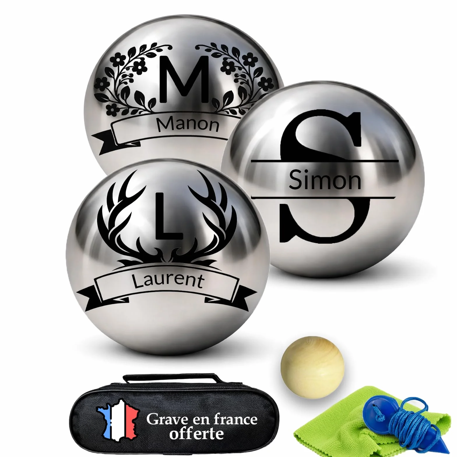 Boule de Pétanque Personnalisée 720g - Triplette avec Accessoires (Cochonnet, Sacoche, Mesureur) - Idée Cadeau pour Fête des Pères et Mères, Retraite, Anniversaire