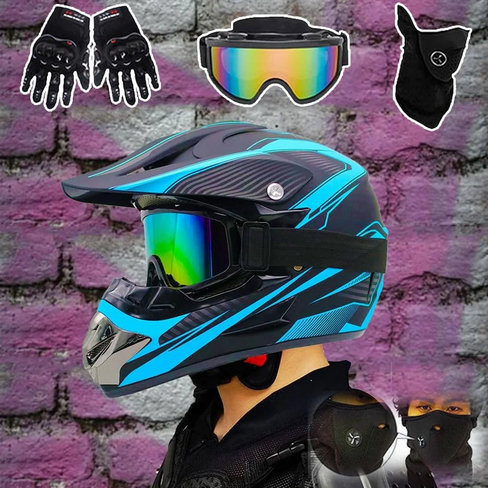 Casque Intégral VTT Cross pour Enfants 8-14 Ans avec Lunettes Masque Gants