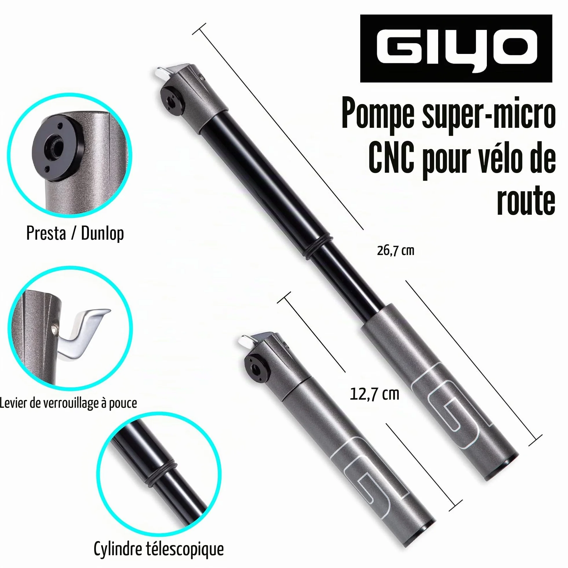 GIYO Mini Pompe à vélo pour vélo de Route – Valve Presta, Barillet télescopique CNC 120 psi, légère et Portable, Serrure de Valve sécurisée, fabriquée à Taiwan (GM04)