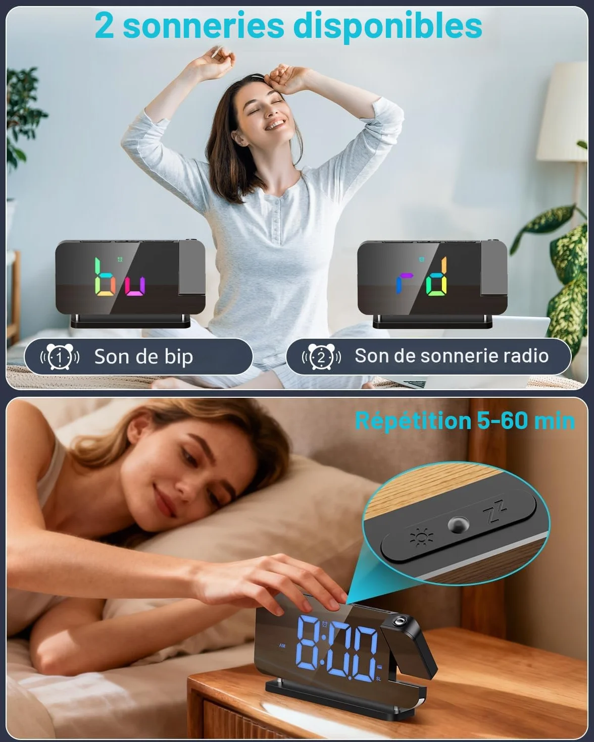 TAKRINK Reveil Projecteur Plafond RGB avec Radio 180° Chargeur USB 2 Modes d'Alarme Affichage LED