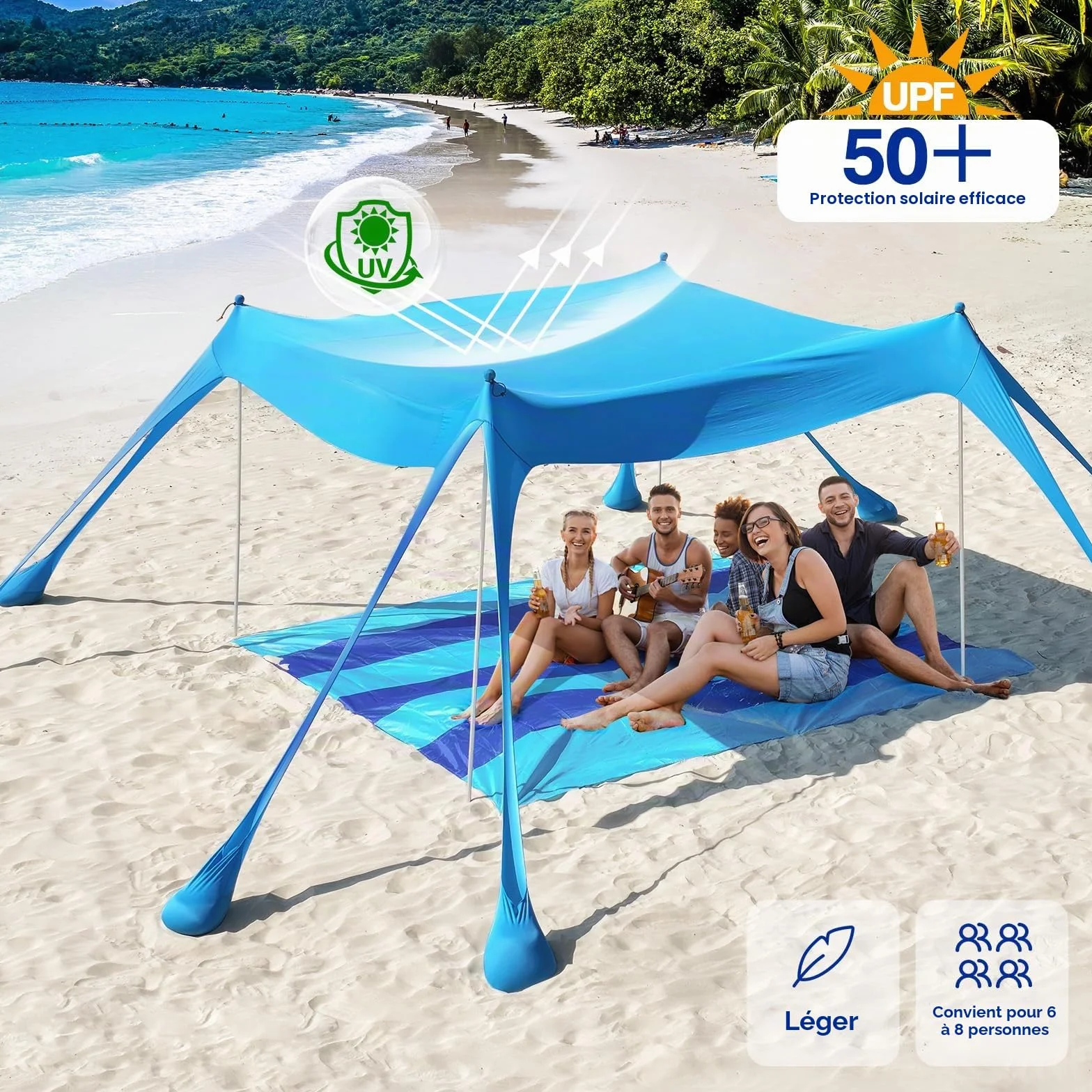 Rhino Valley UPF50+ Tente de Plage, Tente de Jardin Anti-Soleil avec 8 Sacs de Sable à Insertion, Abris de Plage Extérieurs avec 4 Poteaux de Support pour Pique-Niques