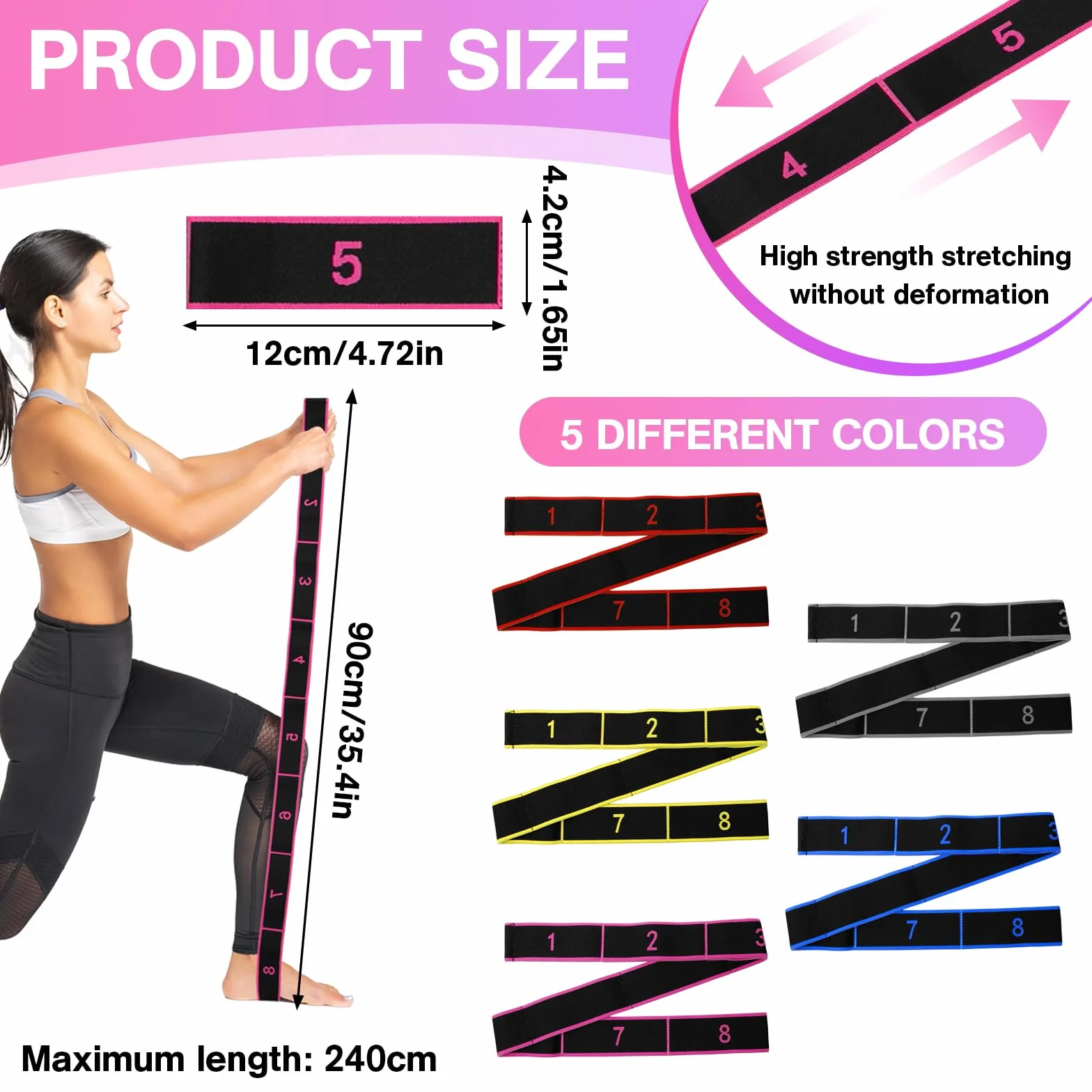 5 Pièces Bande Élastique de Yoga Résistance Band Fitness 8 Niveaux de Forces Bande Élastique Musculation Bande Elastique Etirement pour Fitness, Yoga, Pilates, Danse, Gymnastique (5 Couleurs)