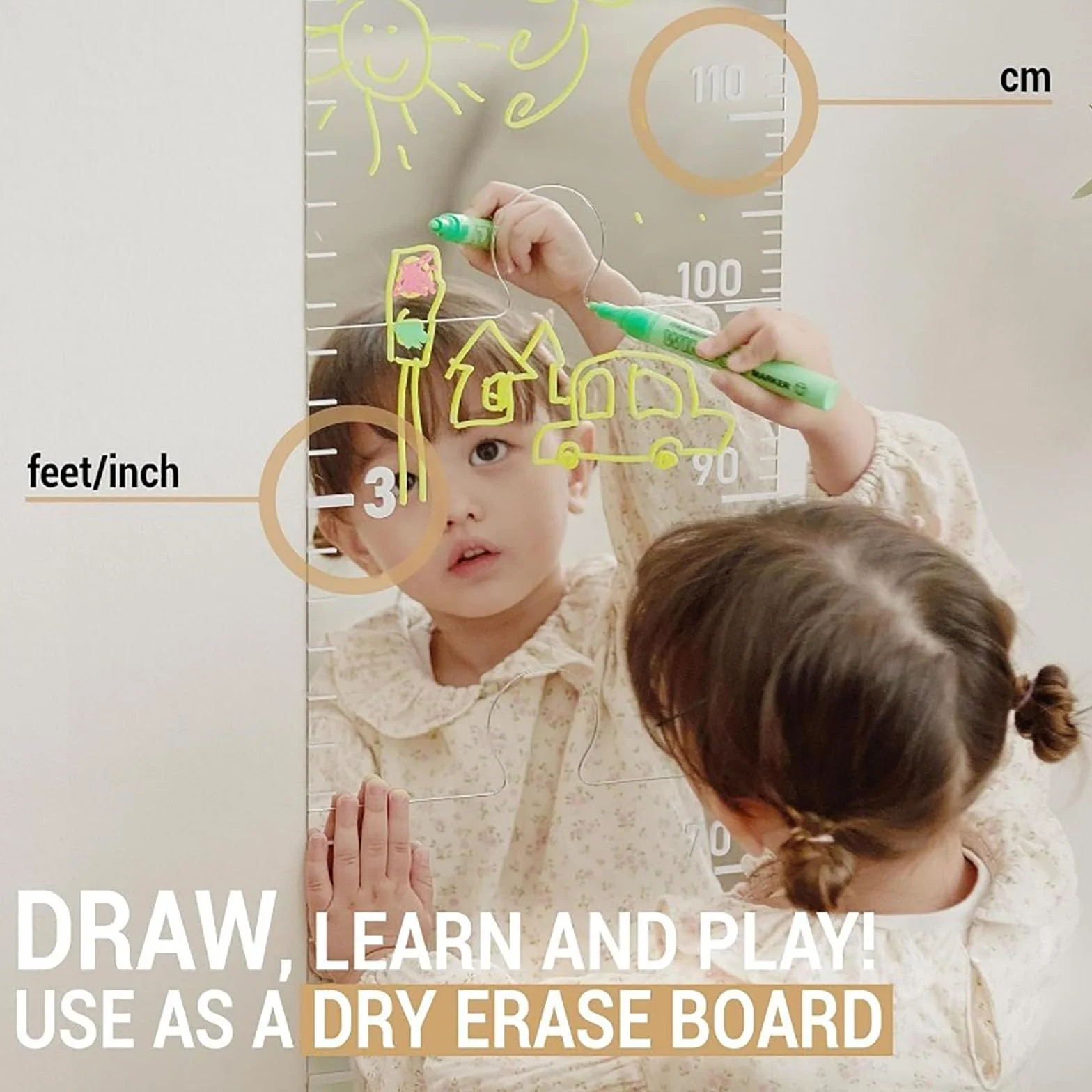 Growth Chart Mirror for Wall, Kid Measuring Height Mirror, Shatterproof Full Body Toddler Mirror (B)