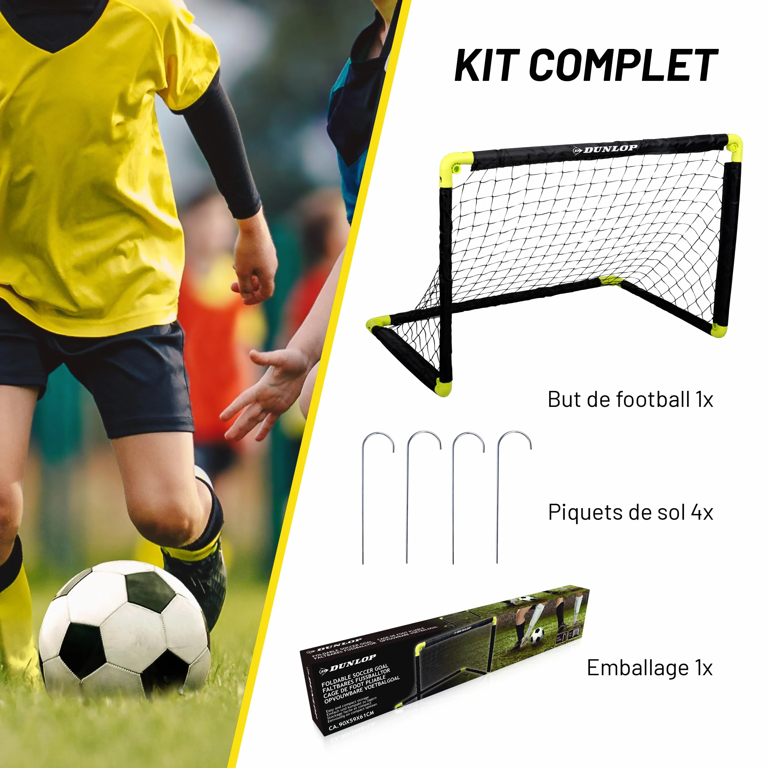 Dunlop Cage de Foot - But de Foot Enfant - Mini But Pliable et Montage Rapide - Kit Entrainement Football pour Enfants et Adultes - Cage Foot Exterieur et Interieur - Noir/Jaune