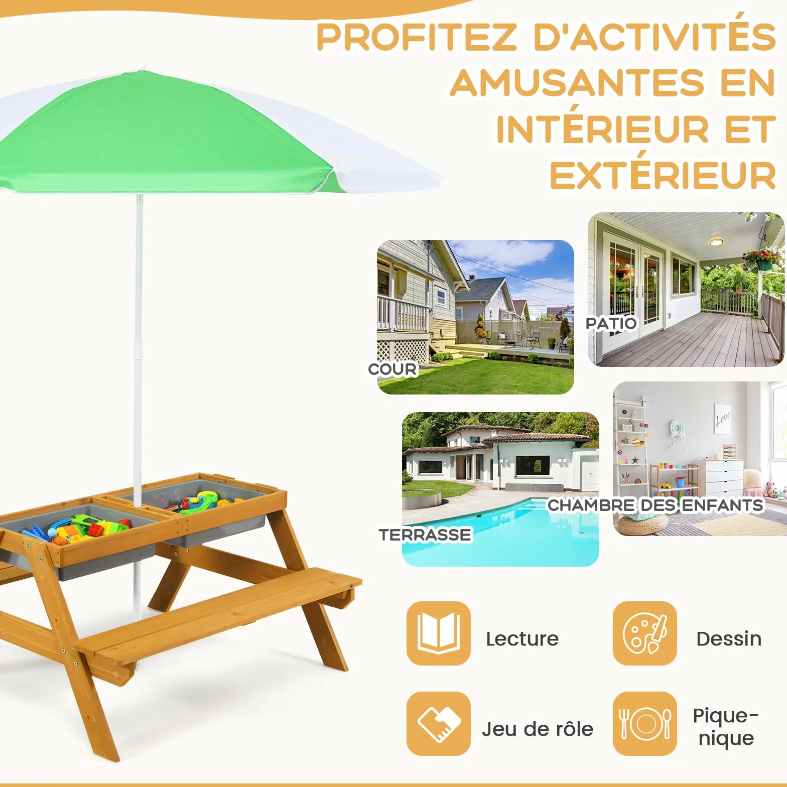 GOPLUS Table Enfant Banc Parasol 3 en 1 Convertible Plateau Amovible Boîtes Rangement Bois Extérieur Jardin Vert Blanc