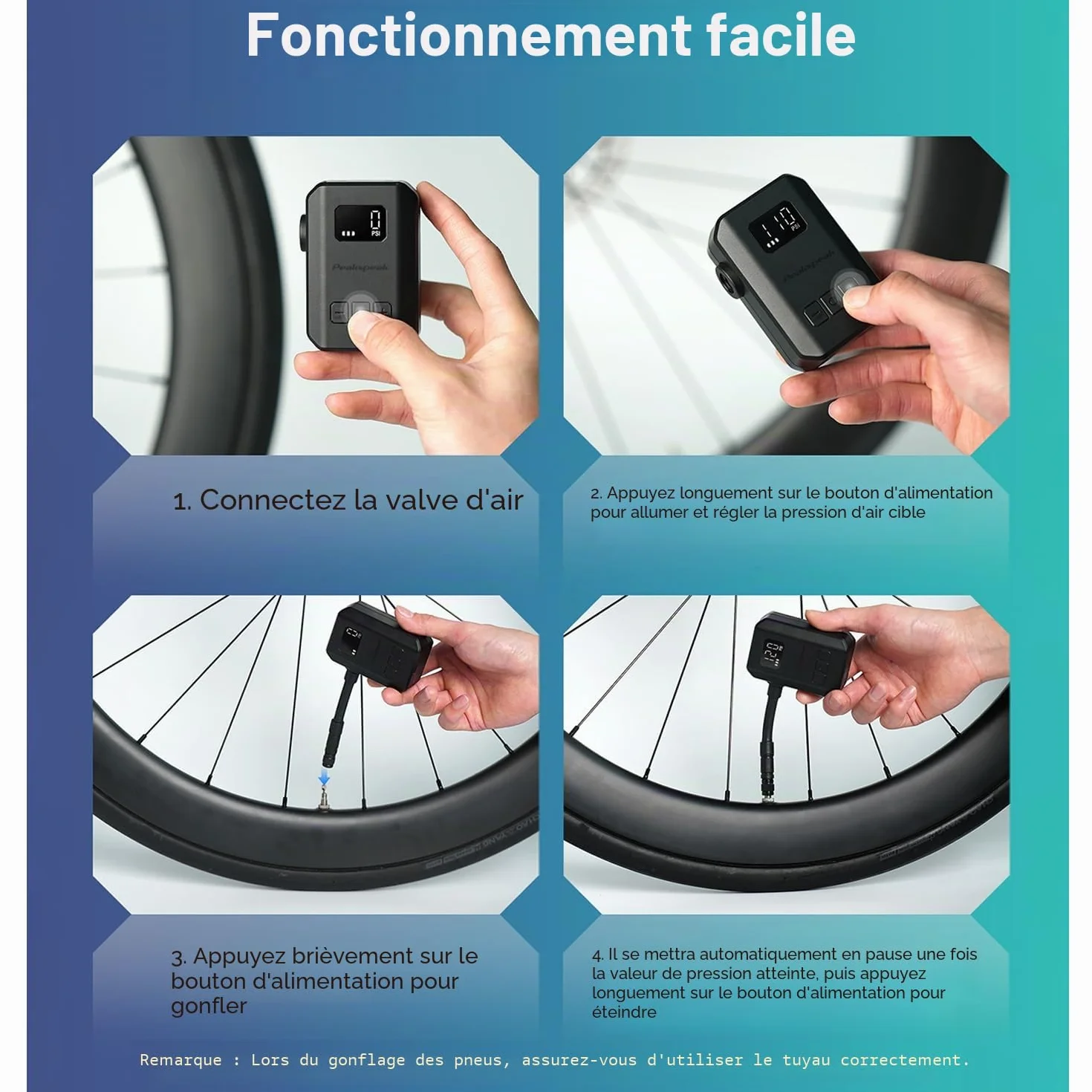 Peakspeak Mini Pompe à vélo AS260PRO, Pompe à vélo avec manomètre et Auto-Stop, Rechargeable USB-C, gonflage précision valves Presta/Schrader, vélo Route, VTT et Moto
