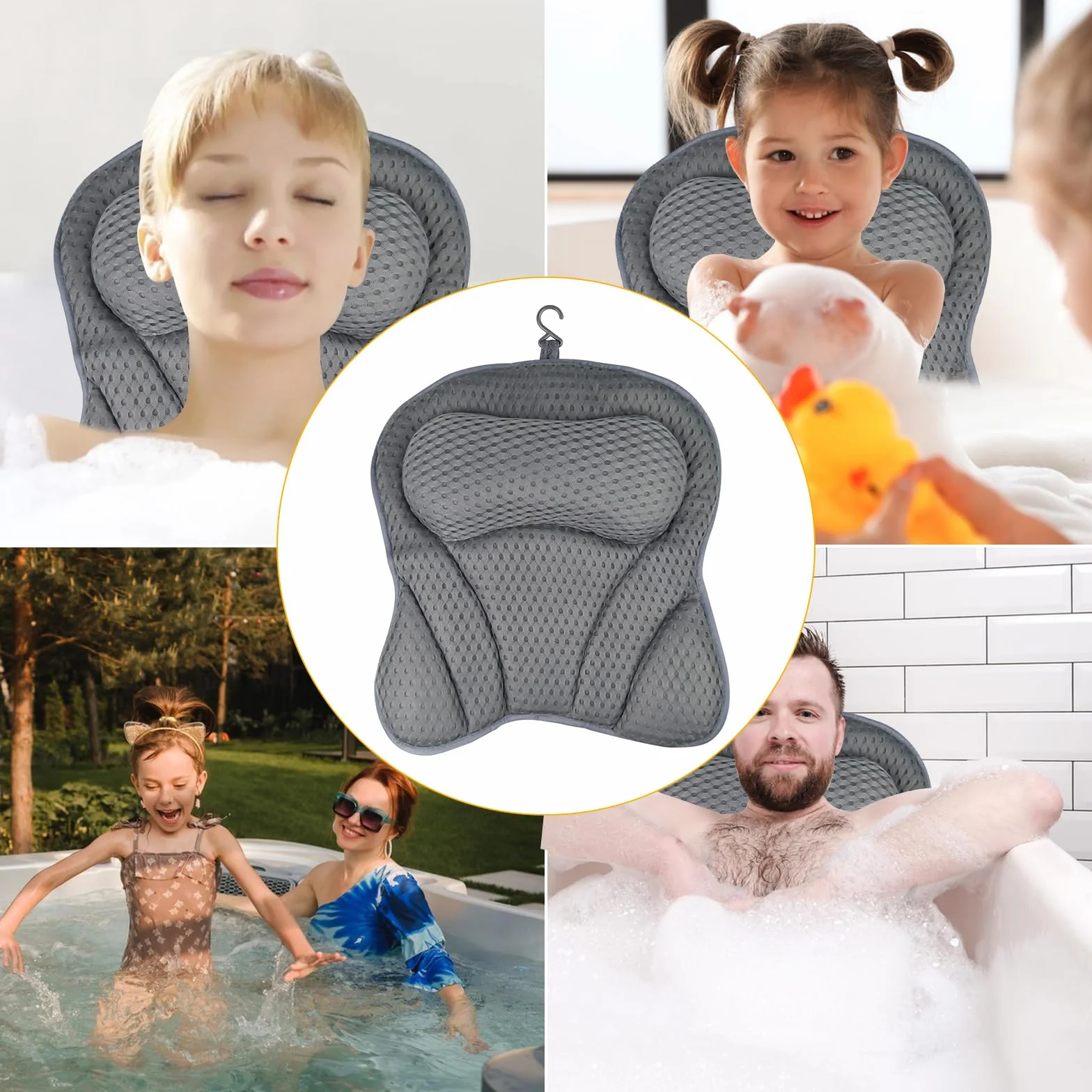 Chiluxendo Coussin Baignoire Adulte 4D Air Mesh avec 6 Ventouses Repose Tête Antidérapant (Gris)