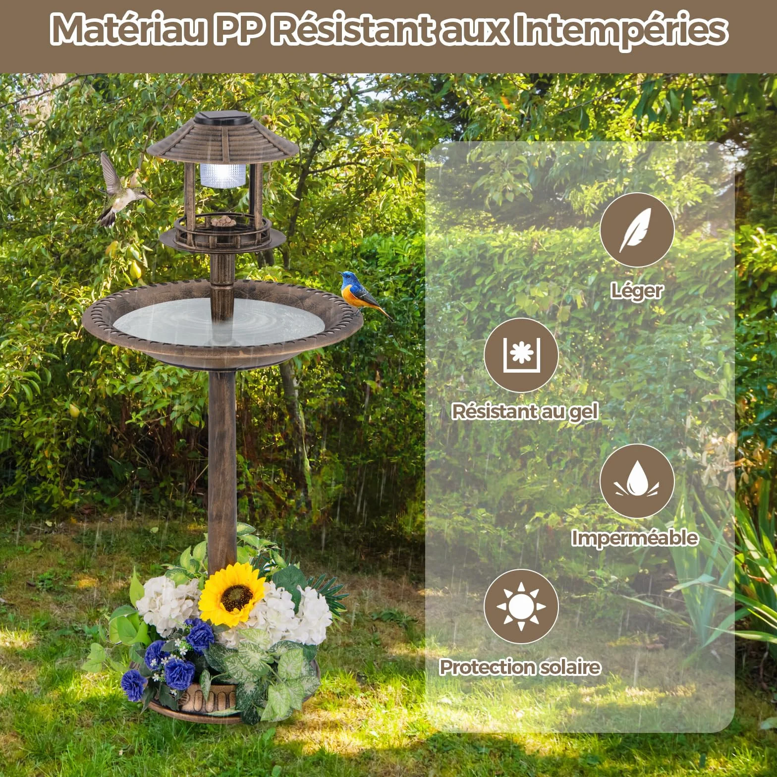 COSTWAY Bain d'oiseaux 3 en 1 Solaire, Décoration Extérieur Pied Rétro Éclairé Lampe Jardinière Mangeoire Abreuvoir Oiseaux Jardin Bronze