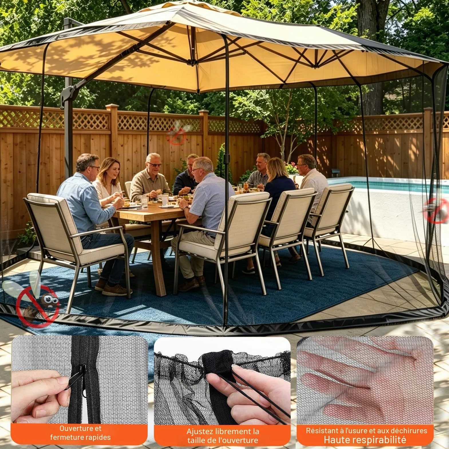 Moustiquaire pour pavillon 3x3m, filet anti-insectes zippé, pergola réglable, mailles fines, extérieur, noir, 300x300