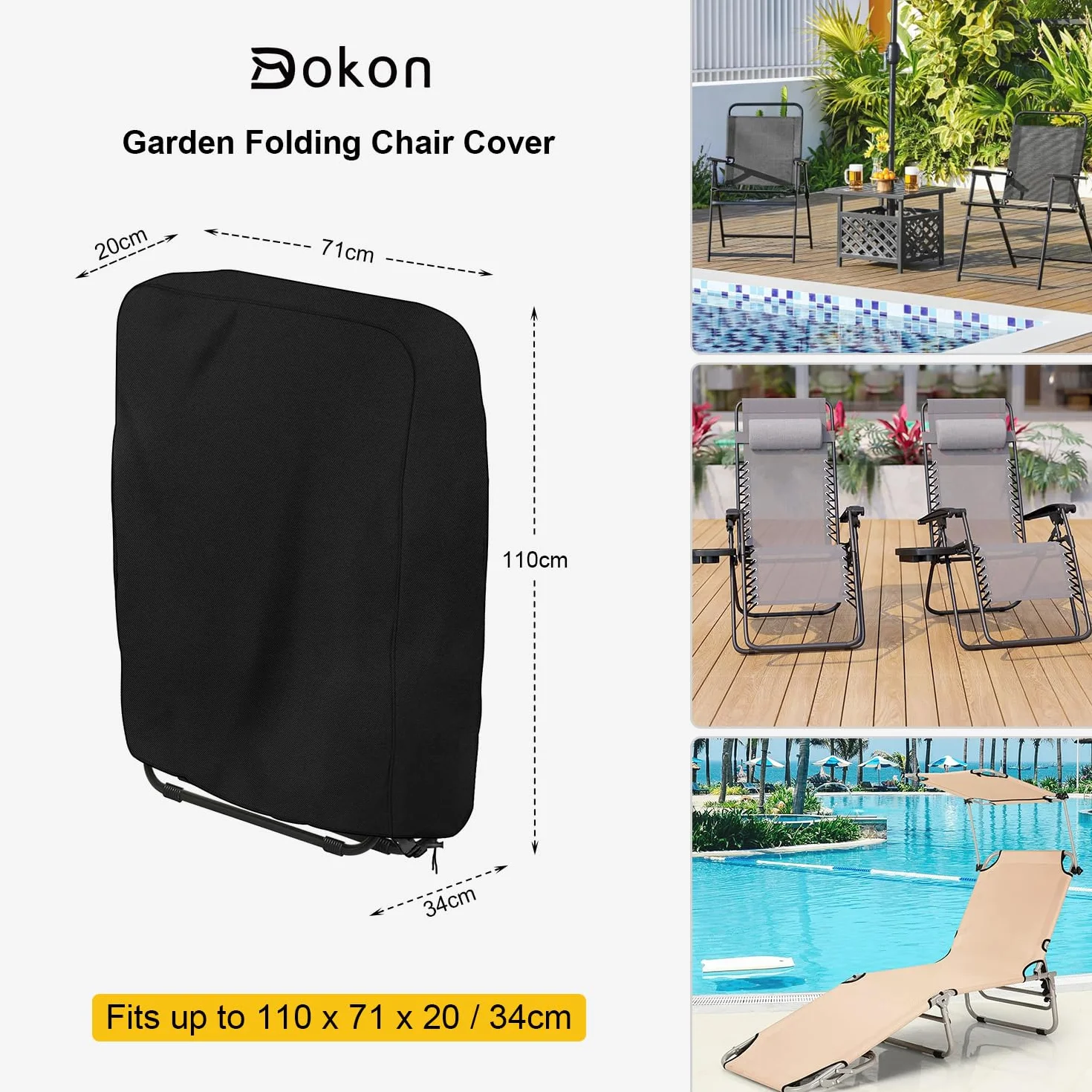 Dokon 2 Pièces Housse Protection Chaise Longue Pliante Exterieur Imperméable Tissu Oxford 420D 110x71cm Noir