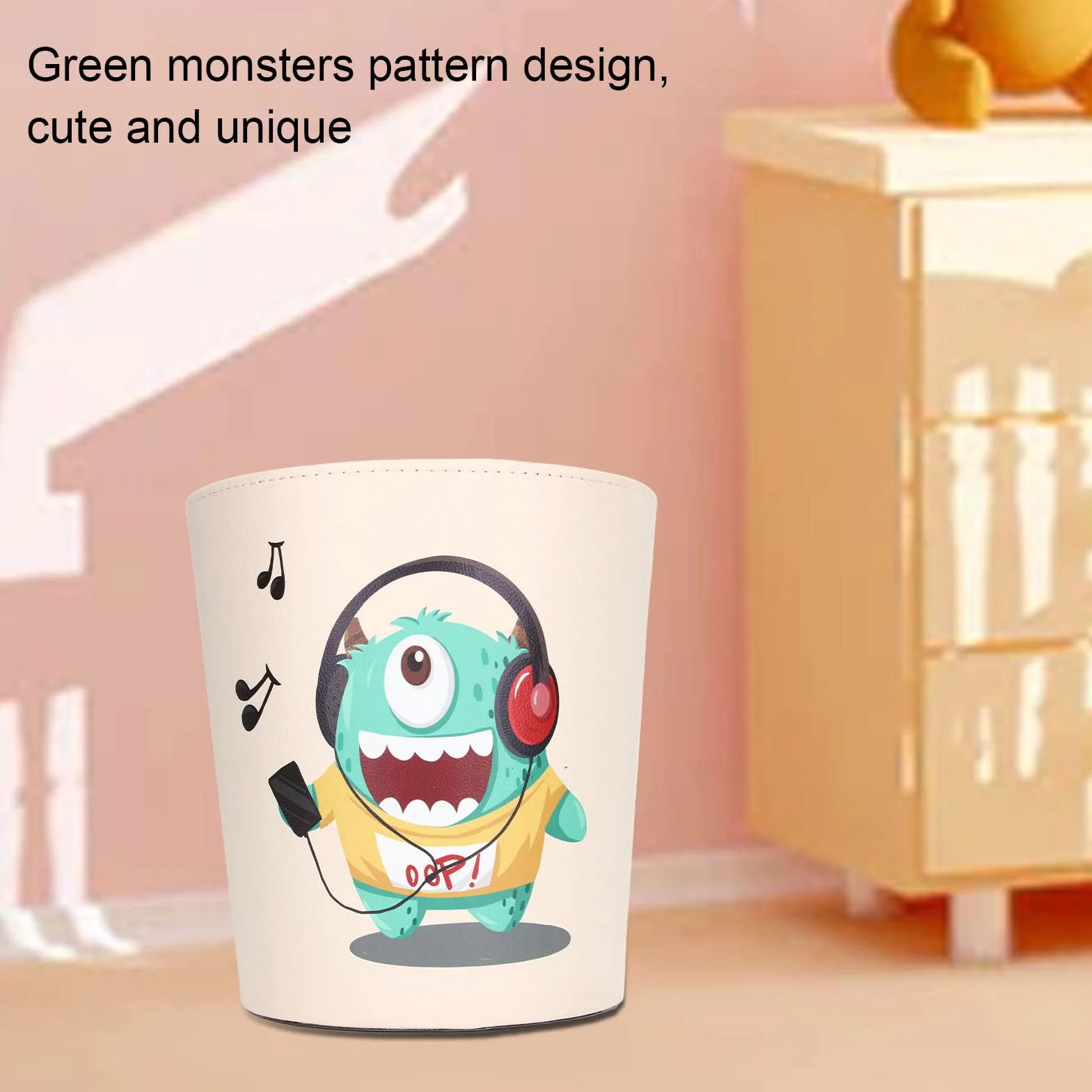 Poubelle Mignonne Monstre Vert Grande Capacité Imperméable PU pour Chambre Enfant
