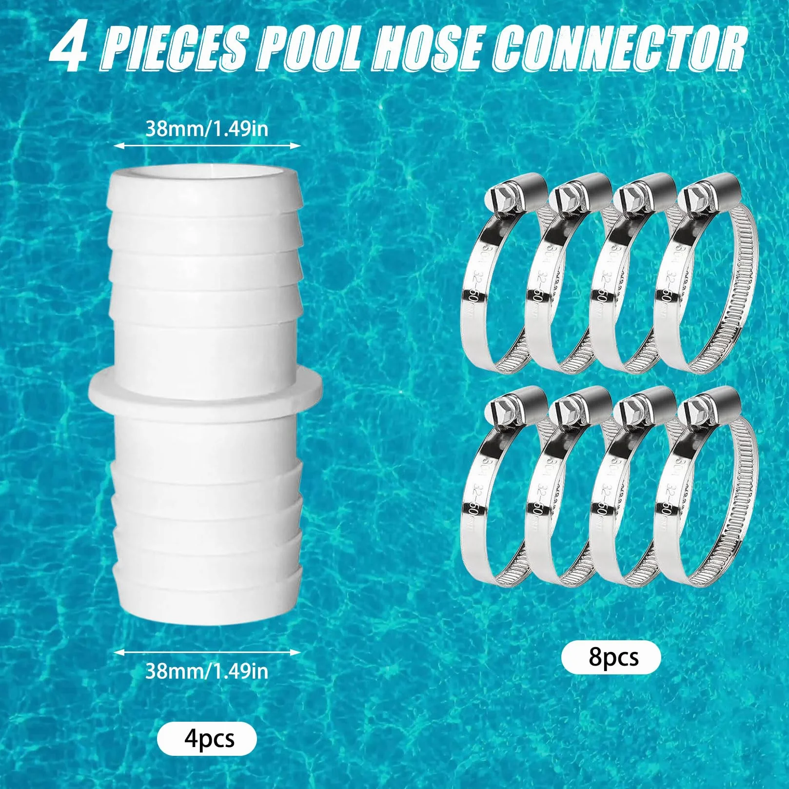 Raccords de tuyau de piscine 38 mm - Lot de 4 avec colliers de serrage en acier inoxydable