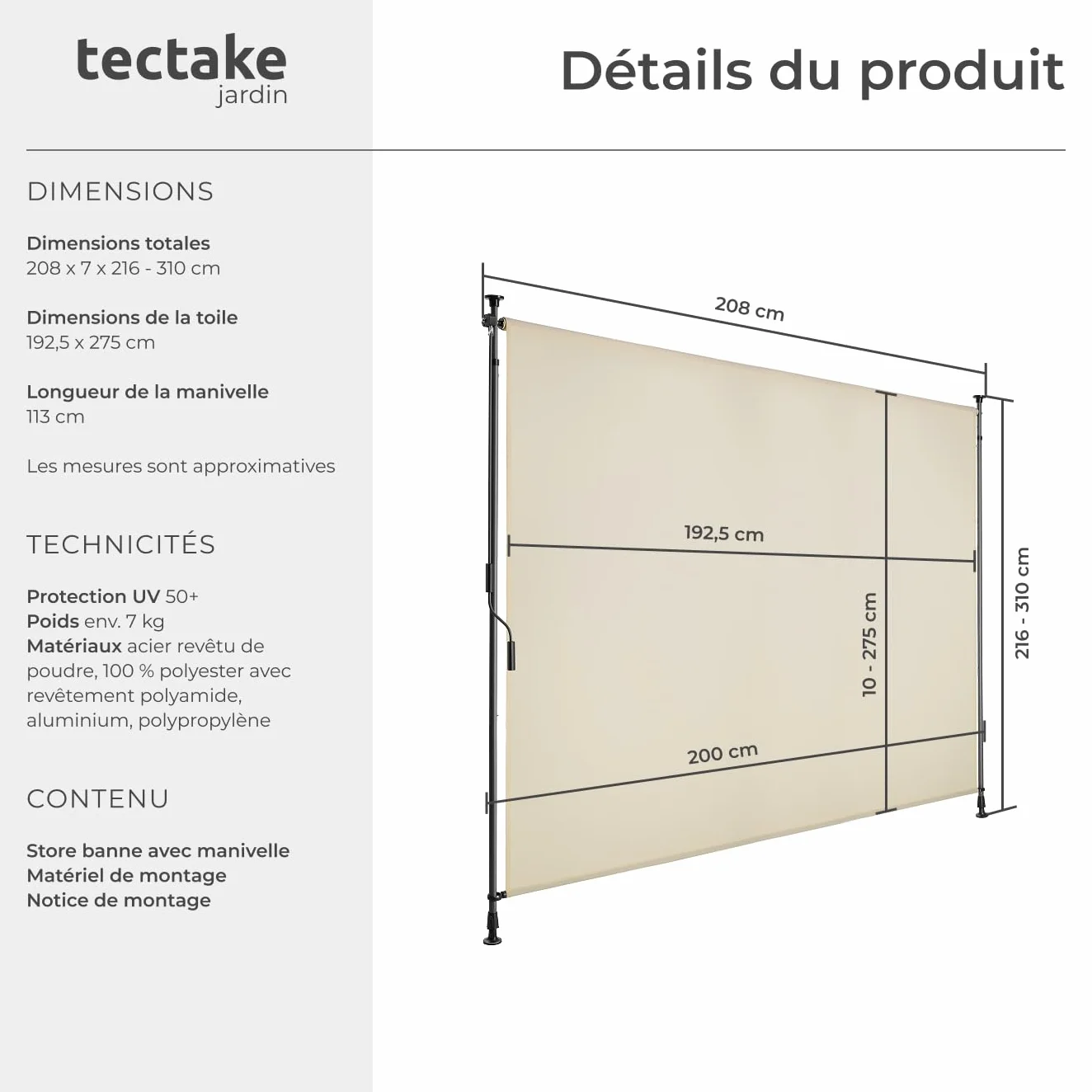 Store Banne sans Perçage Vertical avec Manivelle, Brise Soleil Opaque en Acier laqué époxy - Beige, 200 x 310 cm