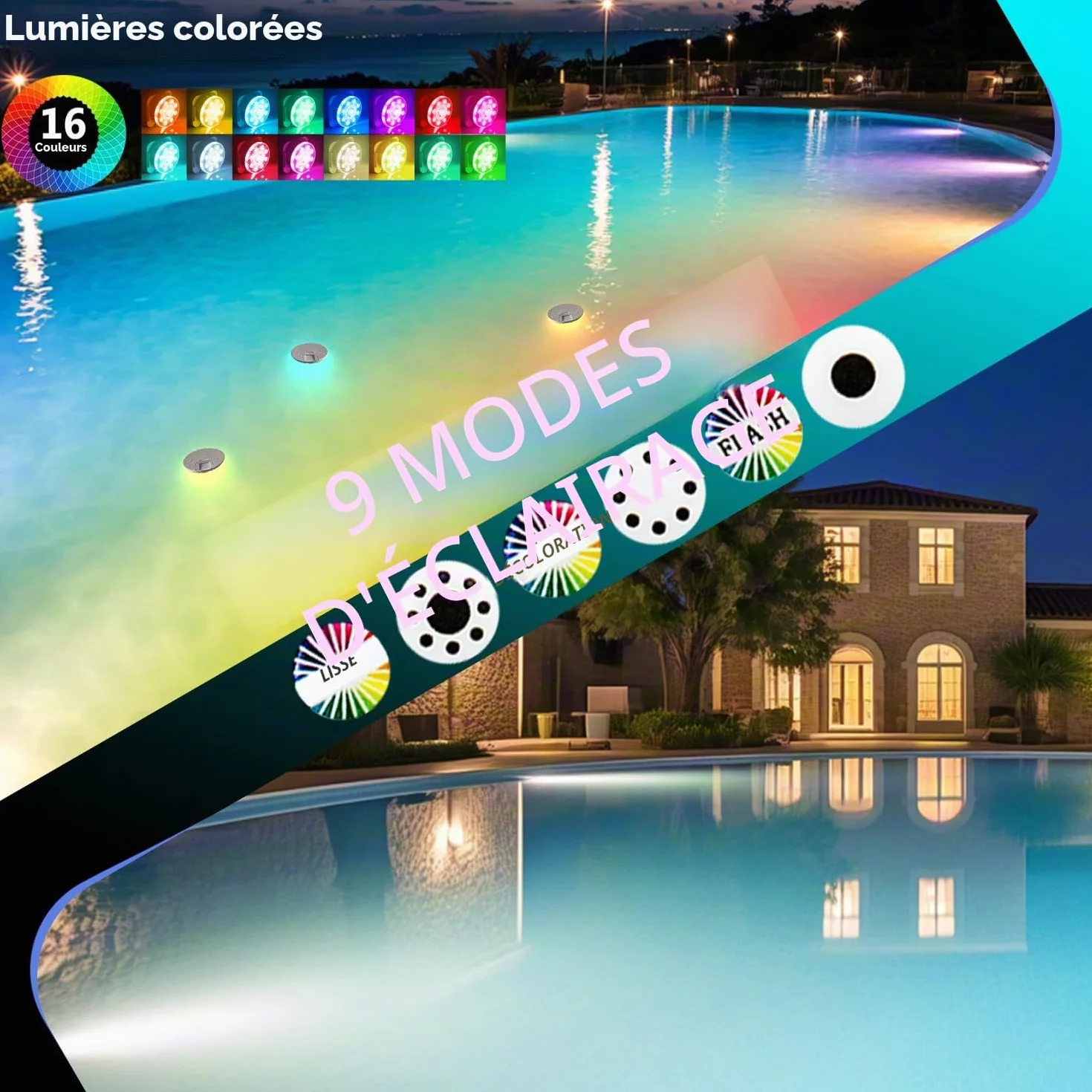 Lampes sous-marines LED RVB magnétiques submersibles 16 couleurs 9 modes pour piscines hors sol et creusées