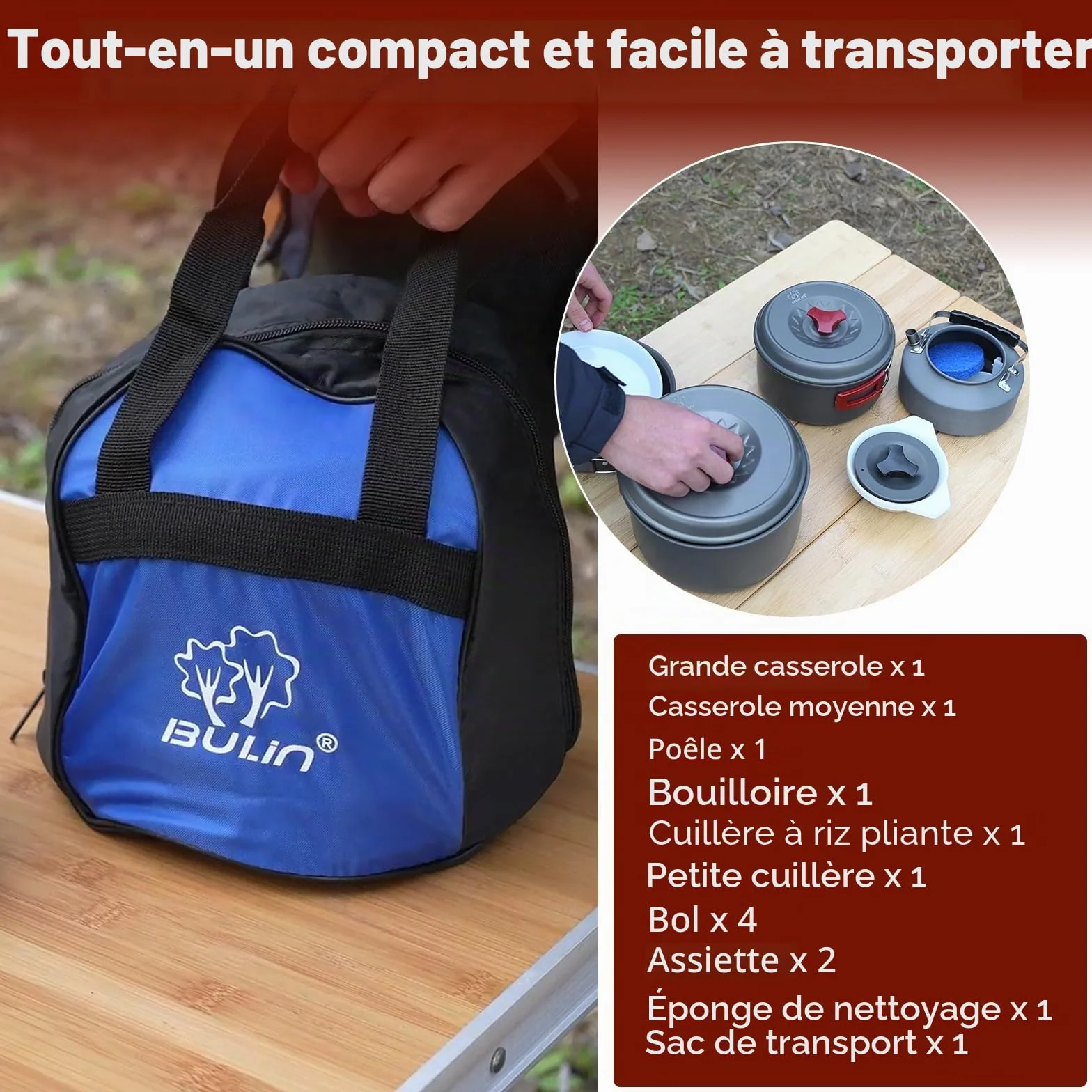 Bulin Set de Cuisine Camping, ustensiles de Camping, casseroles en Aluminium, kit léger avec Couverts Pliables et Bouilloire, pour 1-2-4-6 Personnes, idéal Camping, Outdoor, Pique-Nique