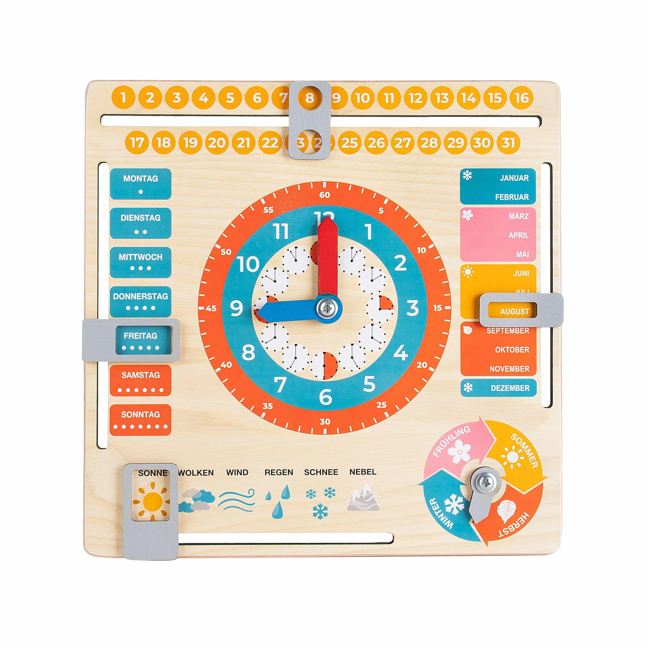 FANCY Jouet en bois Horloge éducative pour enfants Calendrier allemand apprentissage heure date jours semaines mois saisons météo