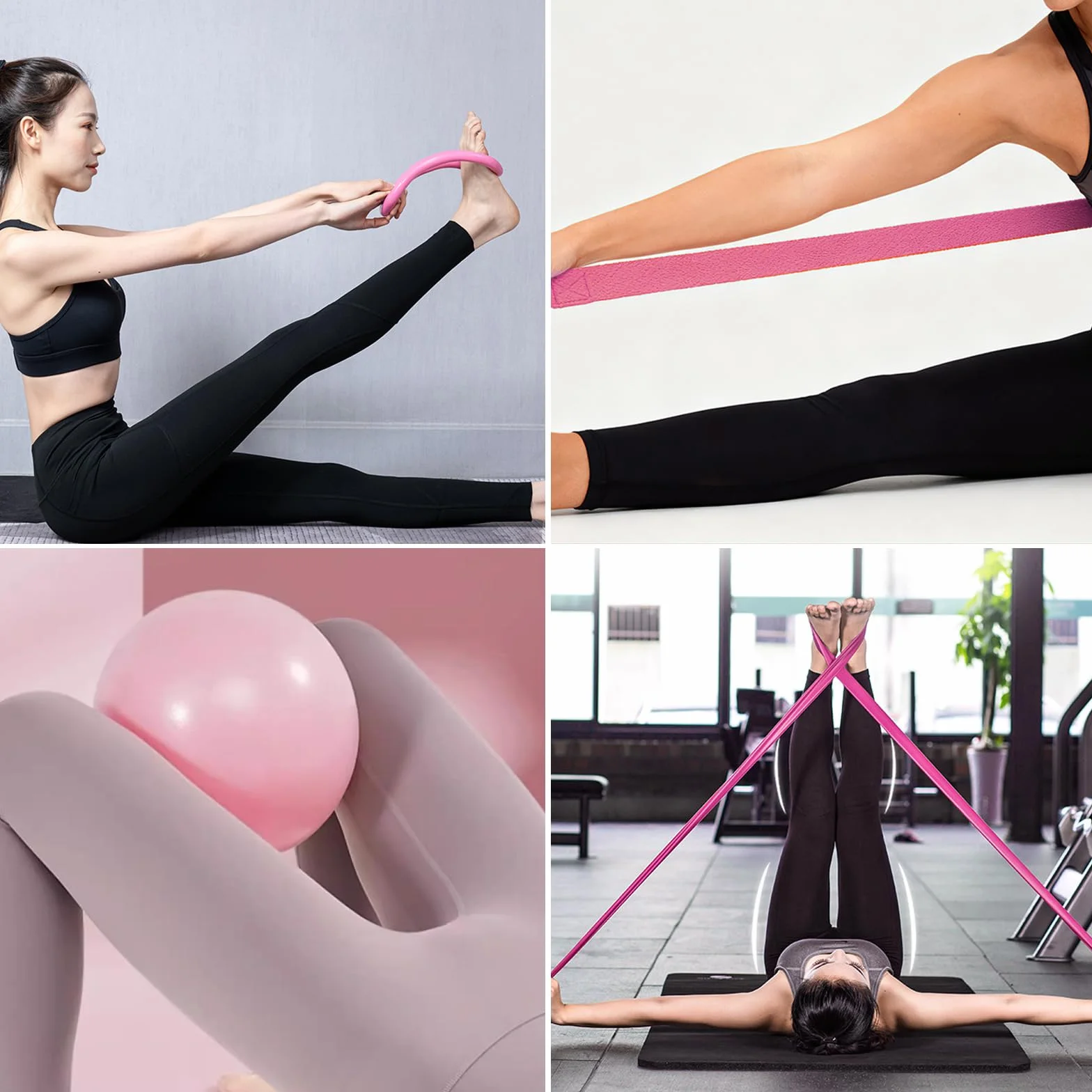 6 Pièces Kit Pilates Maison Accessoire Pilates Femme Kit: Yoga Ball, Resistance Bands, Pilate Ring, Yoga Band pour l'Entraînement à Domicile et en Studio (Rose)
