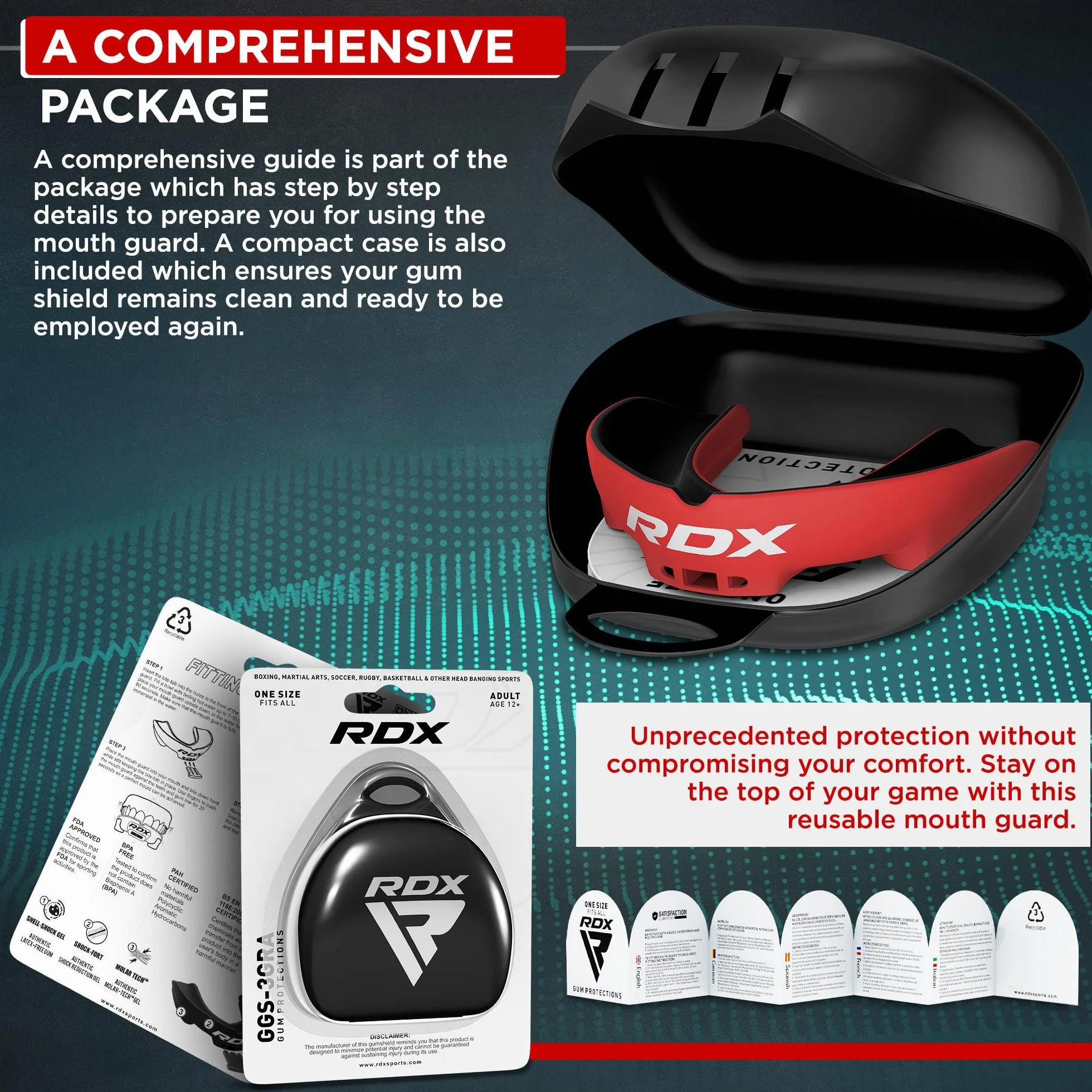 RDX Protège-Dents, Gouttière Coque Dentaire Pour Rugby, MMA, Hockey, Judo, Karaté, Arts Martiaux et Boxe, Respirant et Ajustable, Contient une boîte de rangement unique.
