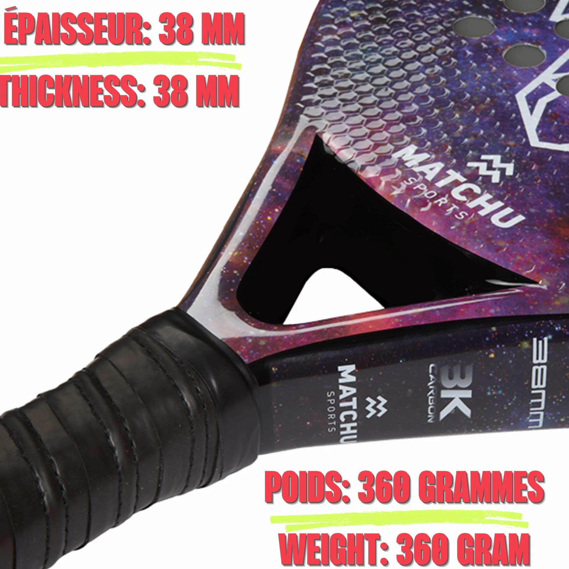 Raquette de Padel MATCHU avec Sac de Transport - EVA Foam 3D Grip Technology - 100% (3/18K) Carbon