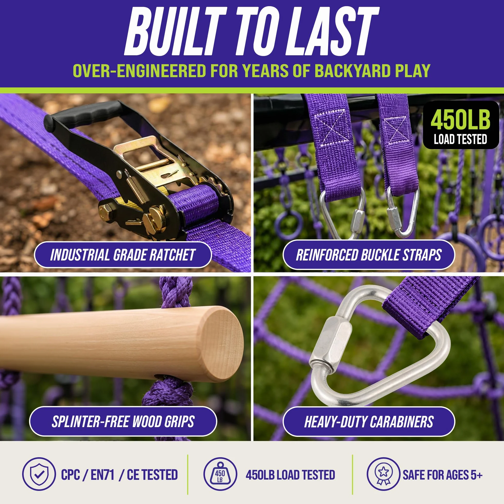 Trailblaze Ninja Warrior Slackline Kit Parcours d'obstacles pour Enfants | Slacklines avec Cliquet,balangoire, Anneaux, Échelle De Corde | Équipement De Jeu Extérieur pour Filles Et Garçons