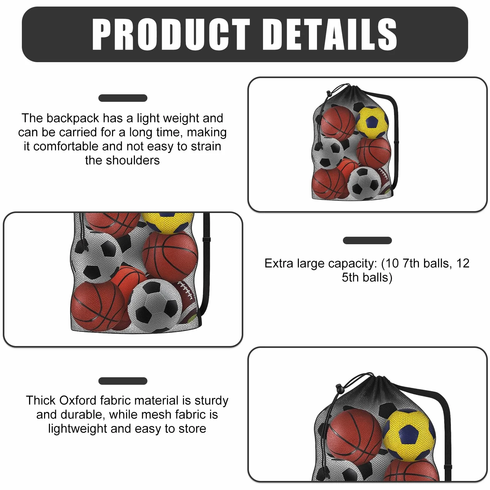 Ruvan Sac À Ballons De Foot, Filet De Football, Grand Capacité 10-12 Ballons, pour Basket-Ball Football Volley-Ball Sac Bandoulière Rangement des Équipements De Sport Plage, 101 * 76 CM, Noir