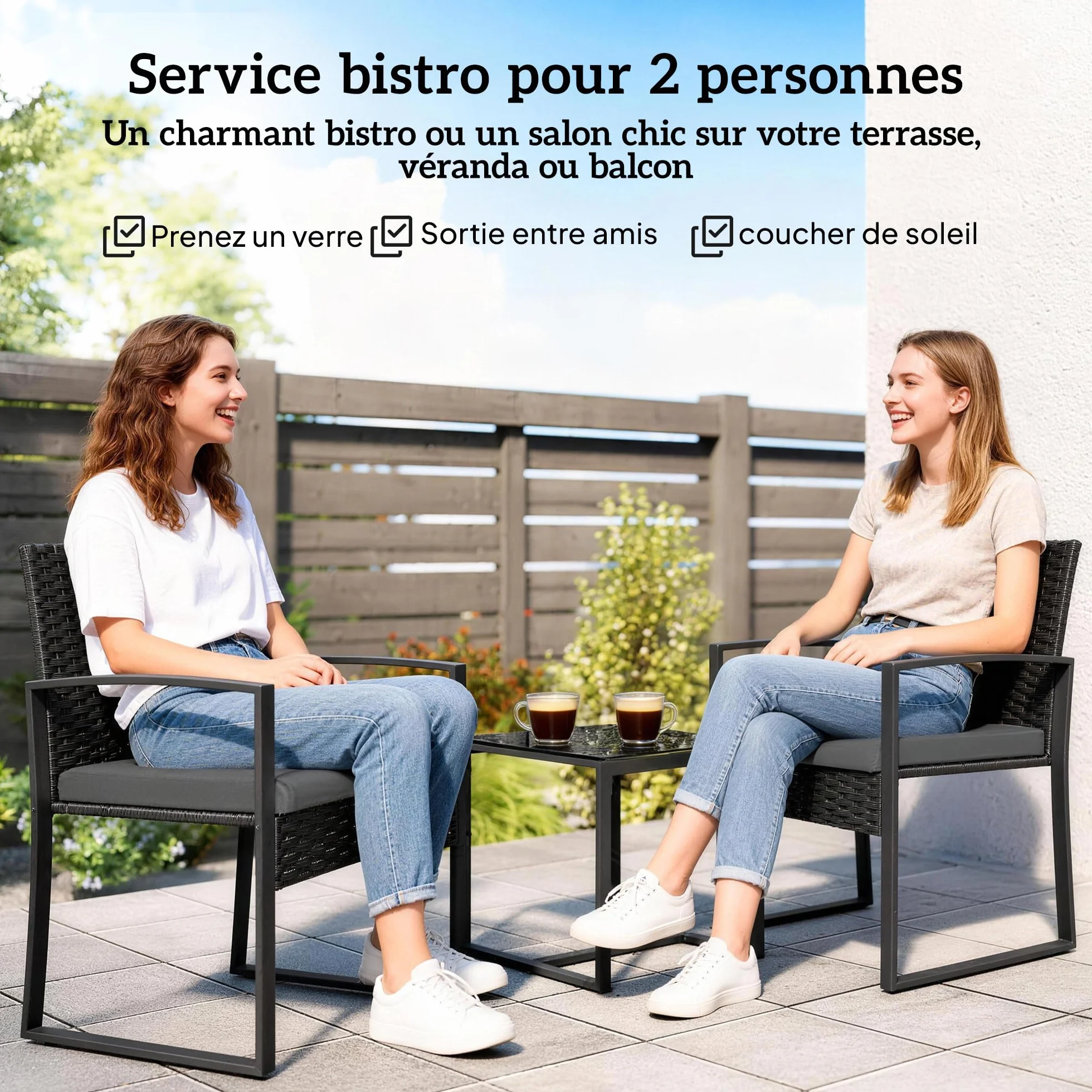Outsunny Salon de Jardin 2 Personnes Table avec Chaises Résine Tressée Verre Trempé Coussins Noir