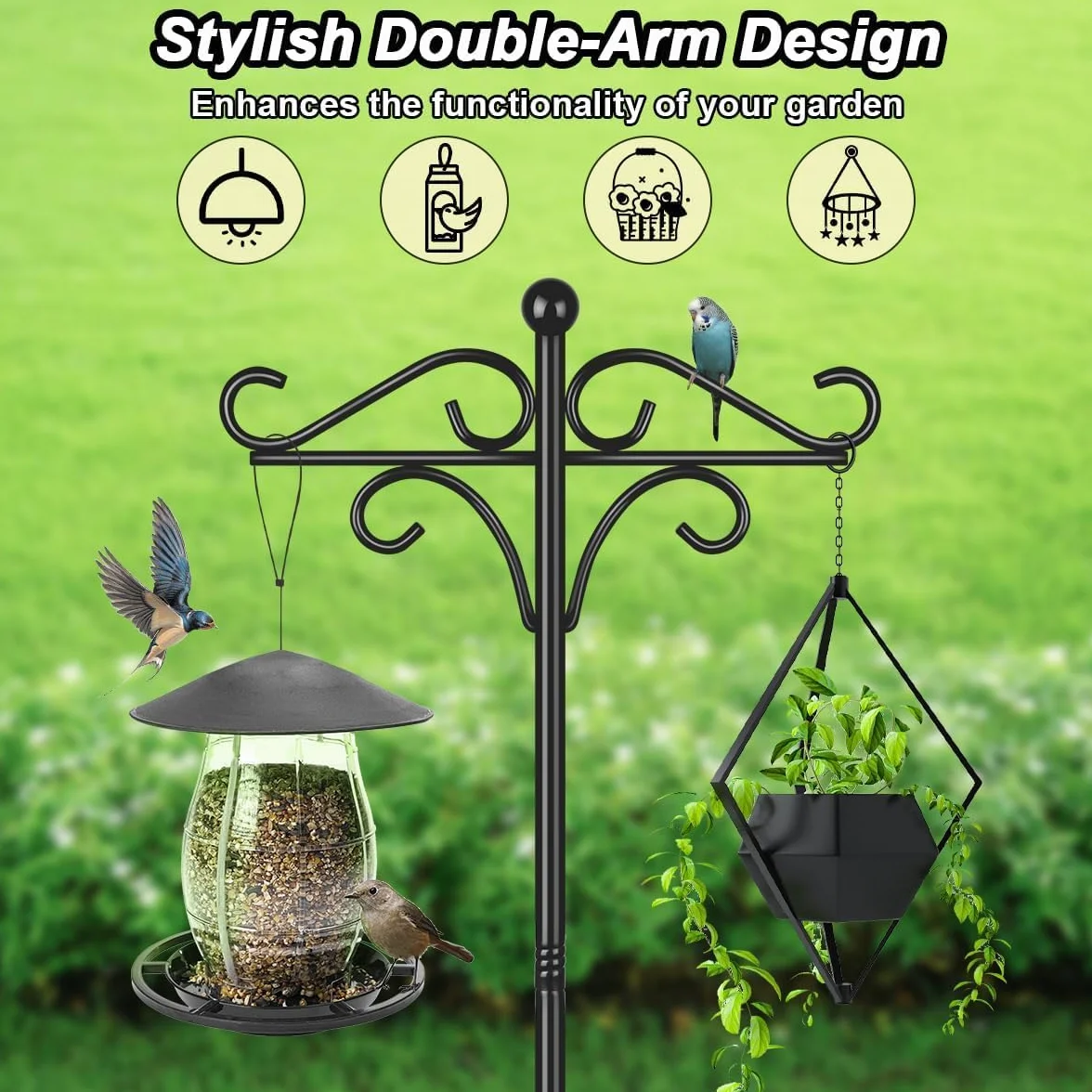 Support Mangeoire à Oiseaux sur Pied 195 cm Réglable 2 Crochets Double Autoportant Jardin Métal Noir