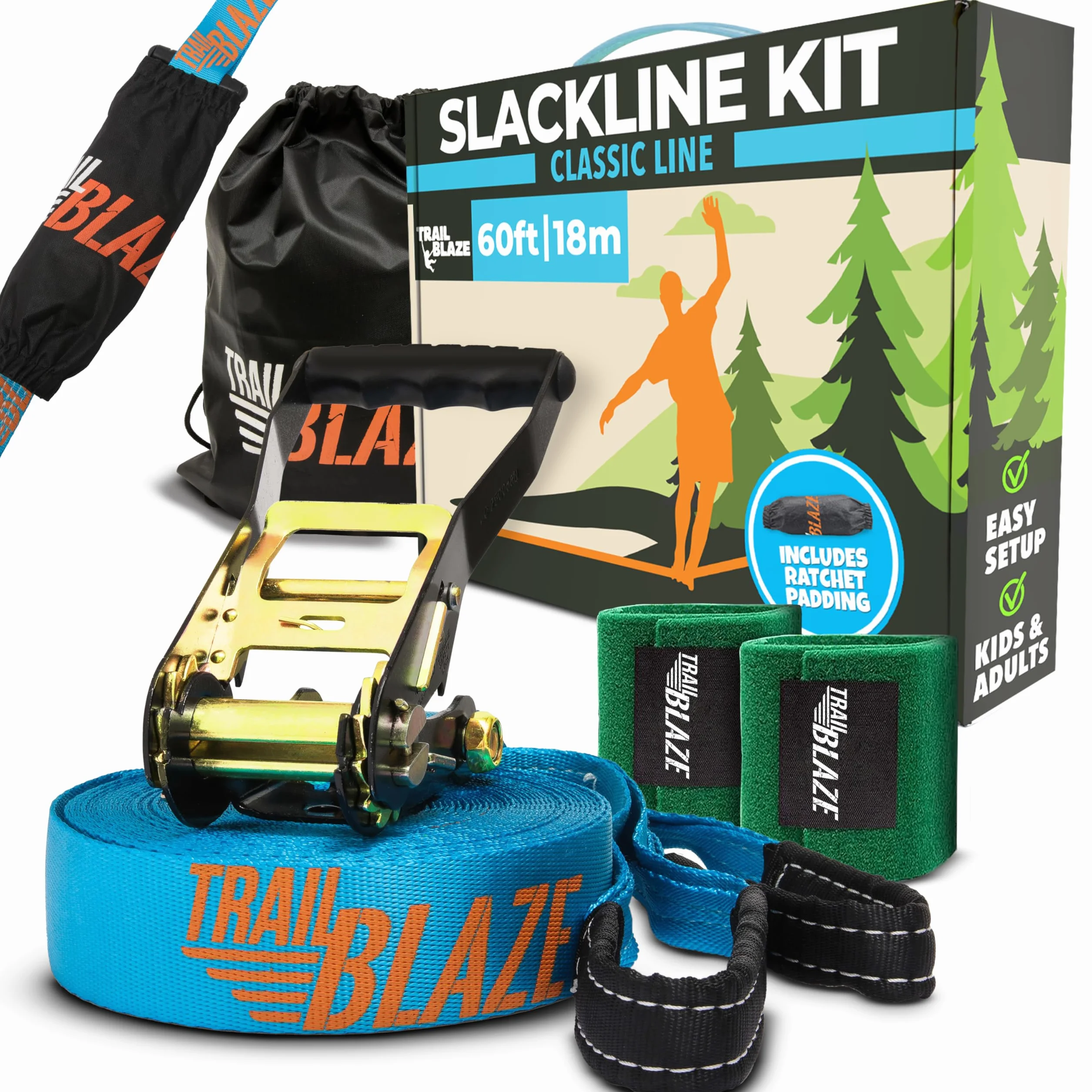 Premium Slackline Kit - Slackline Set 15 m avec Protecteurs d’Arbre Couvertures à Cliquet + Sac de Transport - Parfait Activité Fun en Plein air pour Les Enfants et la Famille