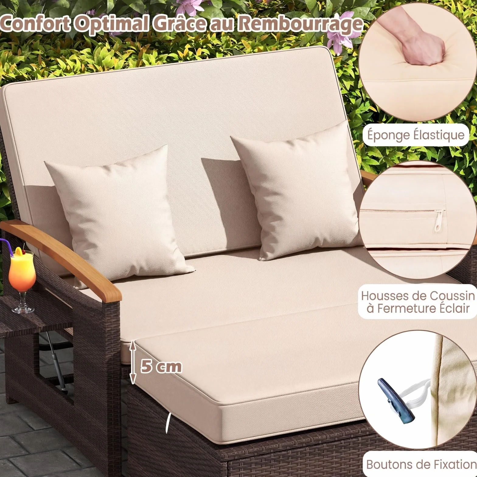COSTWAY Salon de Jardin en Rotin avec Ottoman de Rangement, Charge 360KG, Bain de Soleil Plateau Latéral Rétractable Dossier Réglable Coussins 4 Positions, Canapé 2 Places Beige