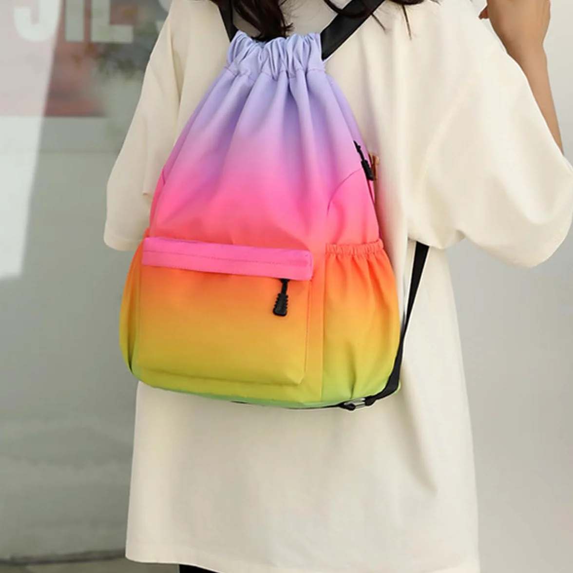 Sac de Sport à Cordon, Sac à Dos à Cordon pour Femme Homme, Sac de Gym avec Poche Zippée, Sac de Rangement pour Sport Voyage Yoga