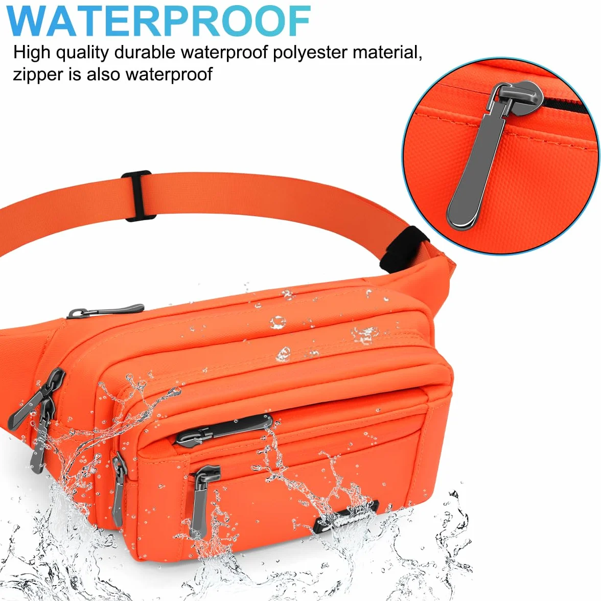 REETEE Sac Banane Homme Imperméable Sacoche Banane avec 5 Poches et Sangle Réglable, Grande Capacité Sac Banane pour Homme Femme Voyage Randonnée Pochette Ceinture (A-Orange)