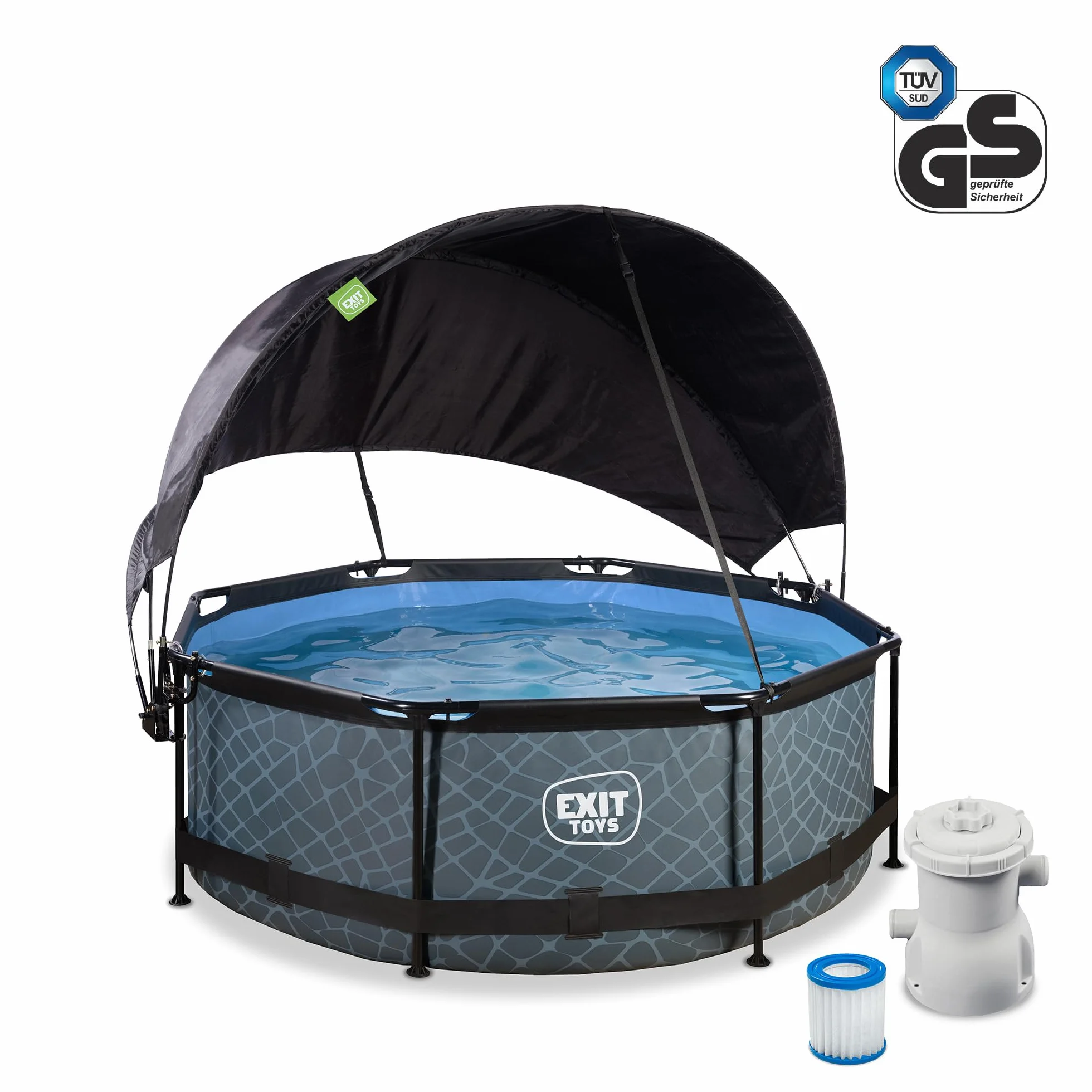 EXIT TOYS Piscine Hors Sol Ronde Ø 244 x 76 cm avec Pompe Filtrante – Acier Thermolaqué – TÜV CE – Gris