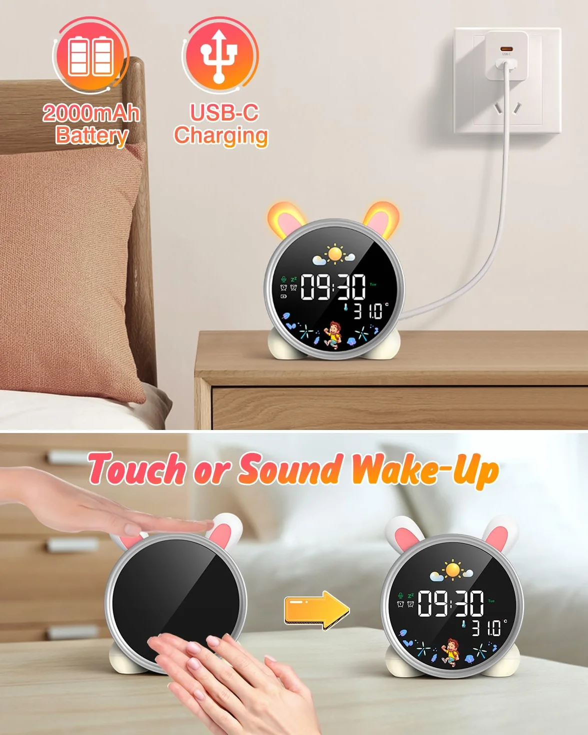 Réveil Enfant LED LEMNOI Lumineux 5 Couleurs Jour Nuit Double Alarme Température Snooze Lapin