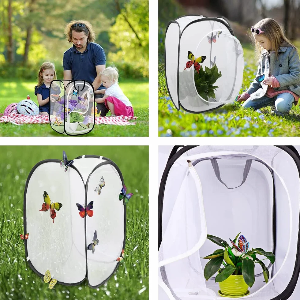 Cage d'habitat pour Insectes et Papillons, Pliable, Portable, 40x40x60cm, Blanc-Noir