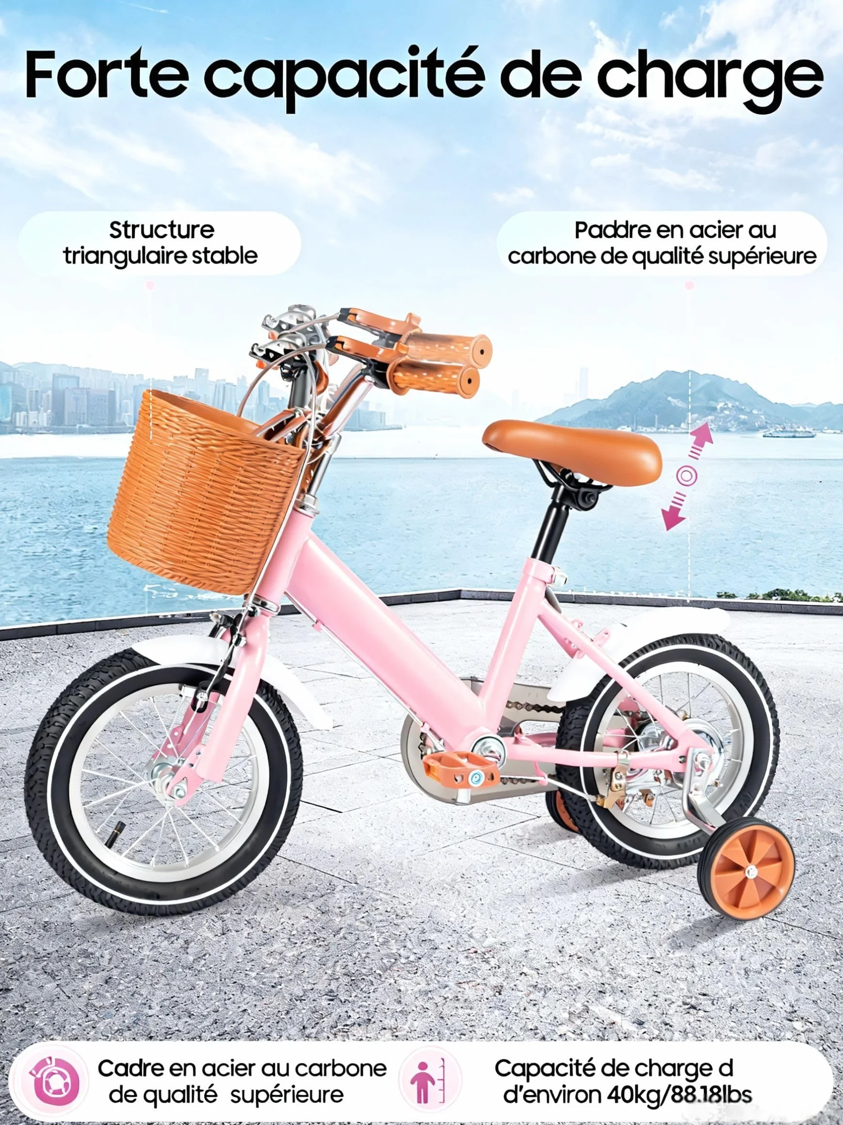 Vélo pour fille, 12" avec panier et stabilisateurs, vélo d'apprentissage avec équilibre et pédales pour 2-5 ans, rose