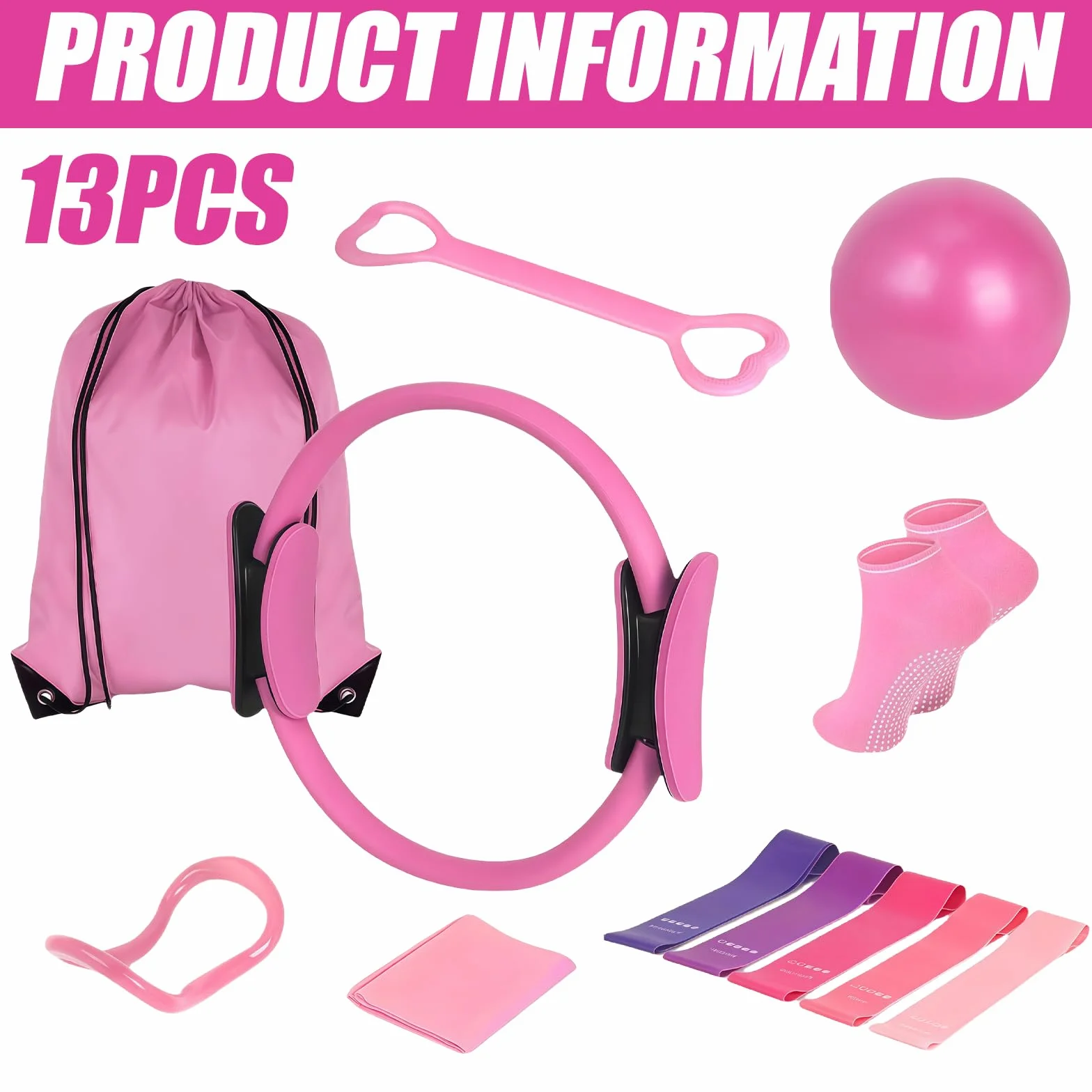 Leikurvo Kit de Pilates Essential de 13 pièces pour femme avec balle de Pilates, bandes de résistance, chaussettes, anneau de Pilates et accessoires pour étirement et fitness (rose)