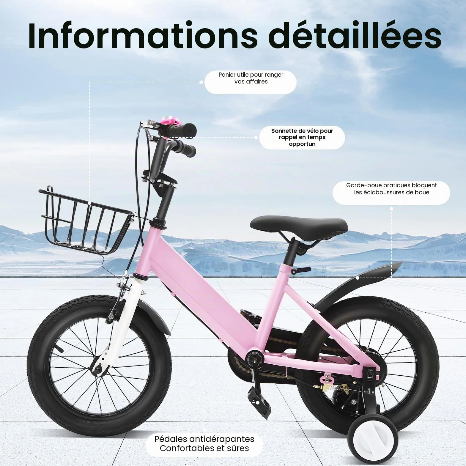 Vélo Enfant de 14 Pouces pour Garçons et Filles à partir de 3 à 7 Ans avec Roues Stabilisatrices et Panier - Hauteur Réglable - Rose