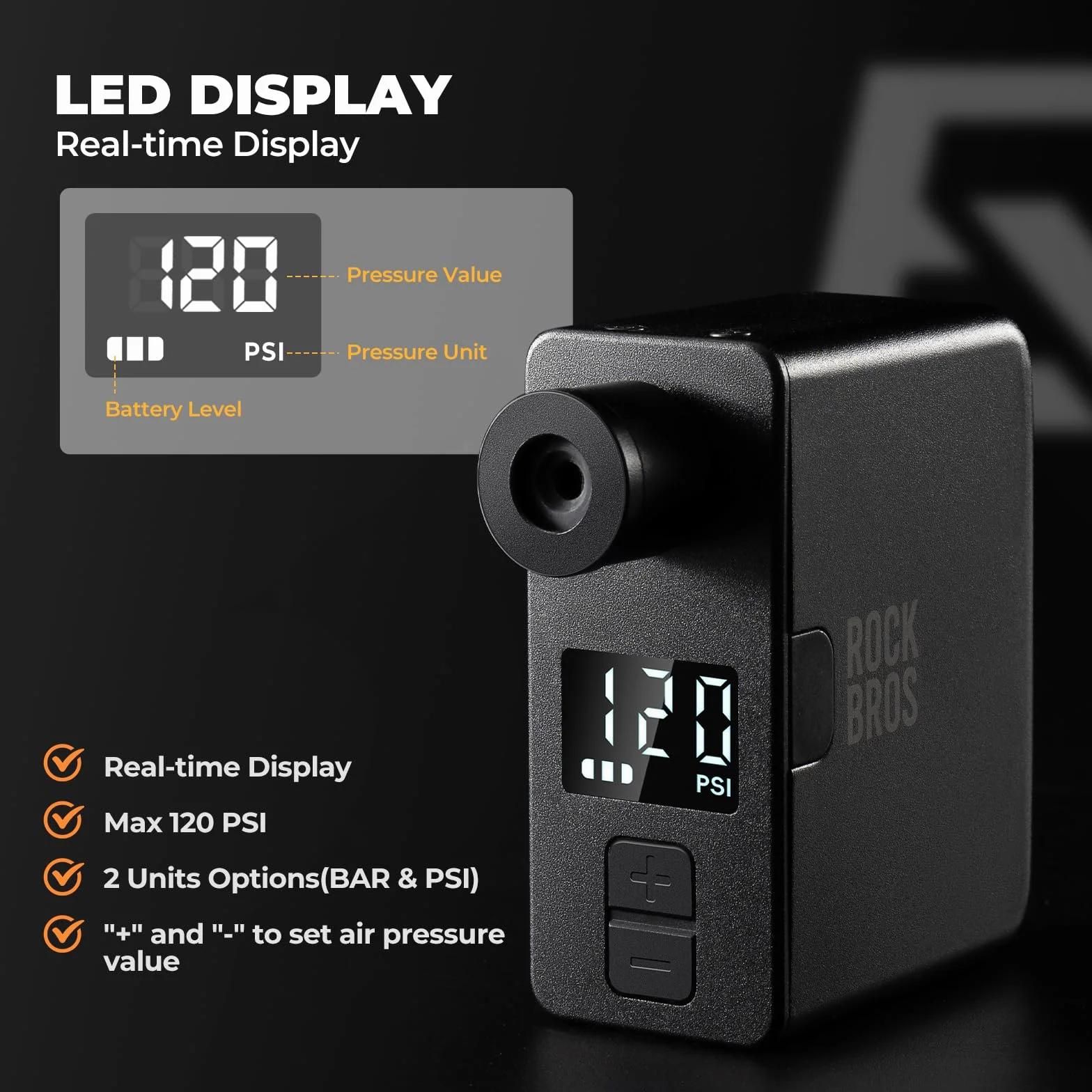 ROCKBROS Pompe à Vélo Electrique Mini avec Manomètre LED, Pompe à Air Max 120 PSI Rechargeable, Gonfleur Auto-Stop, valves Presta/Schrader, pour VTT Vélo de Route et de Ville VTC